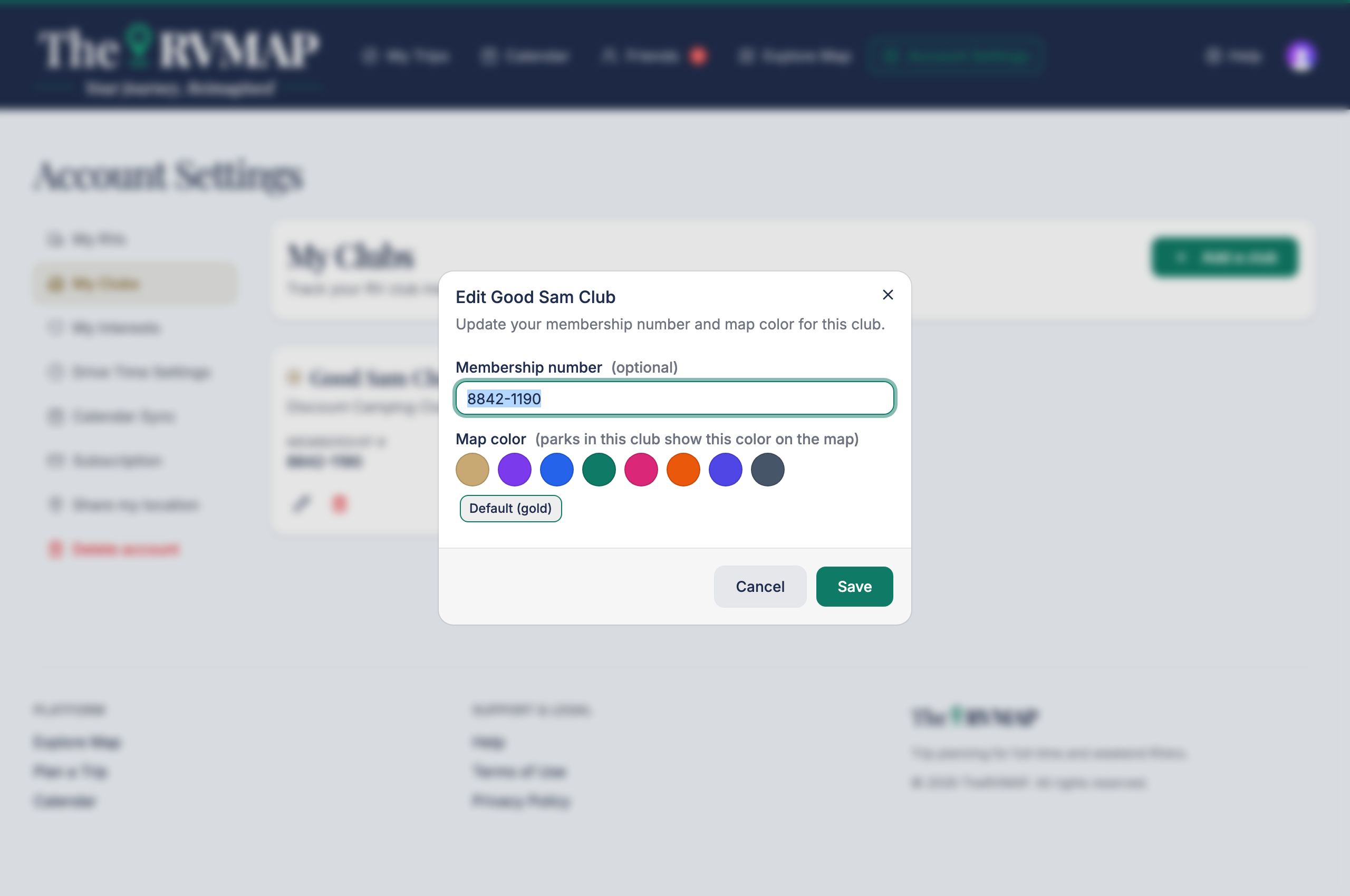 My Clubs with the colour picker open (web)