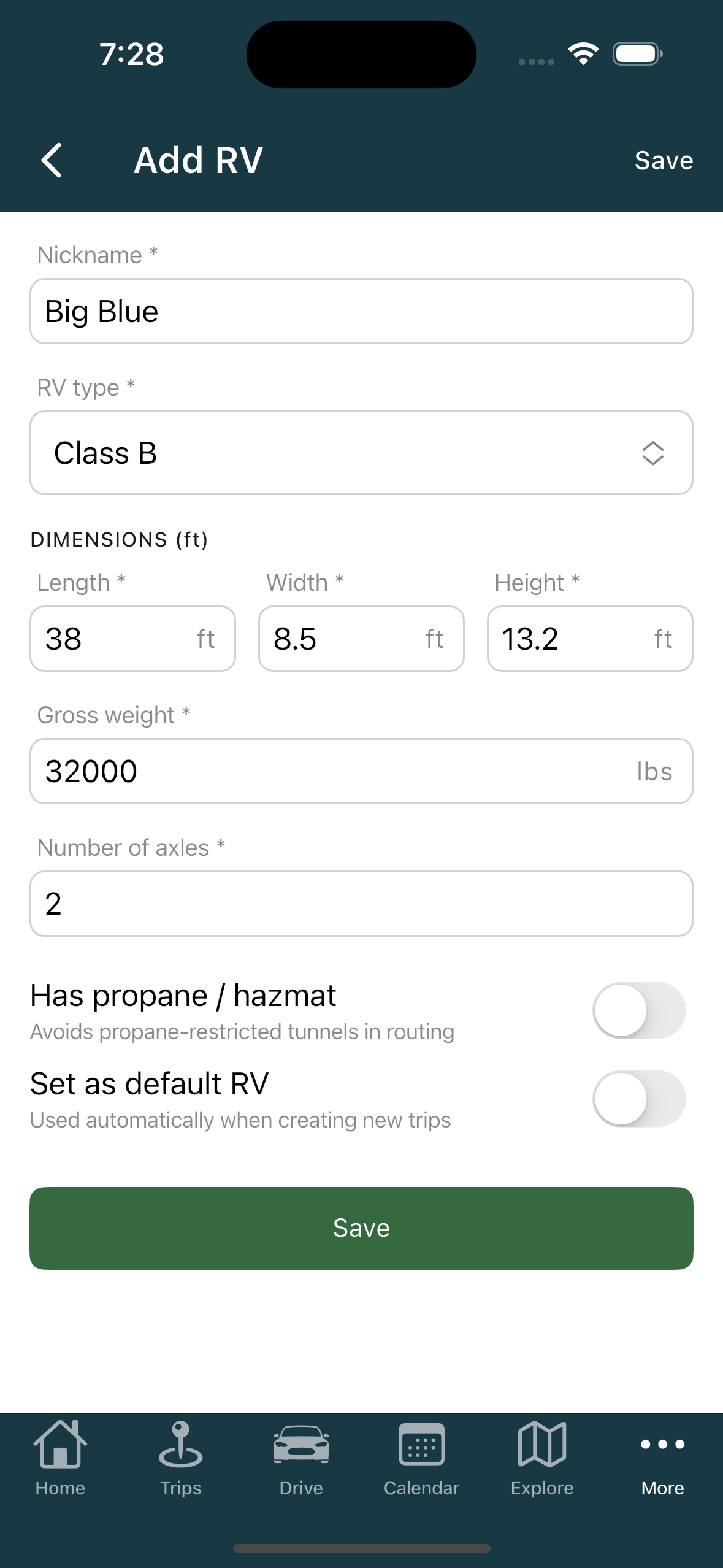 Add RV form filled in (iPhone)