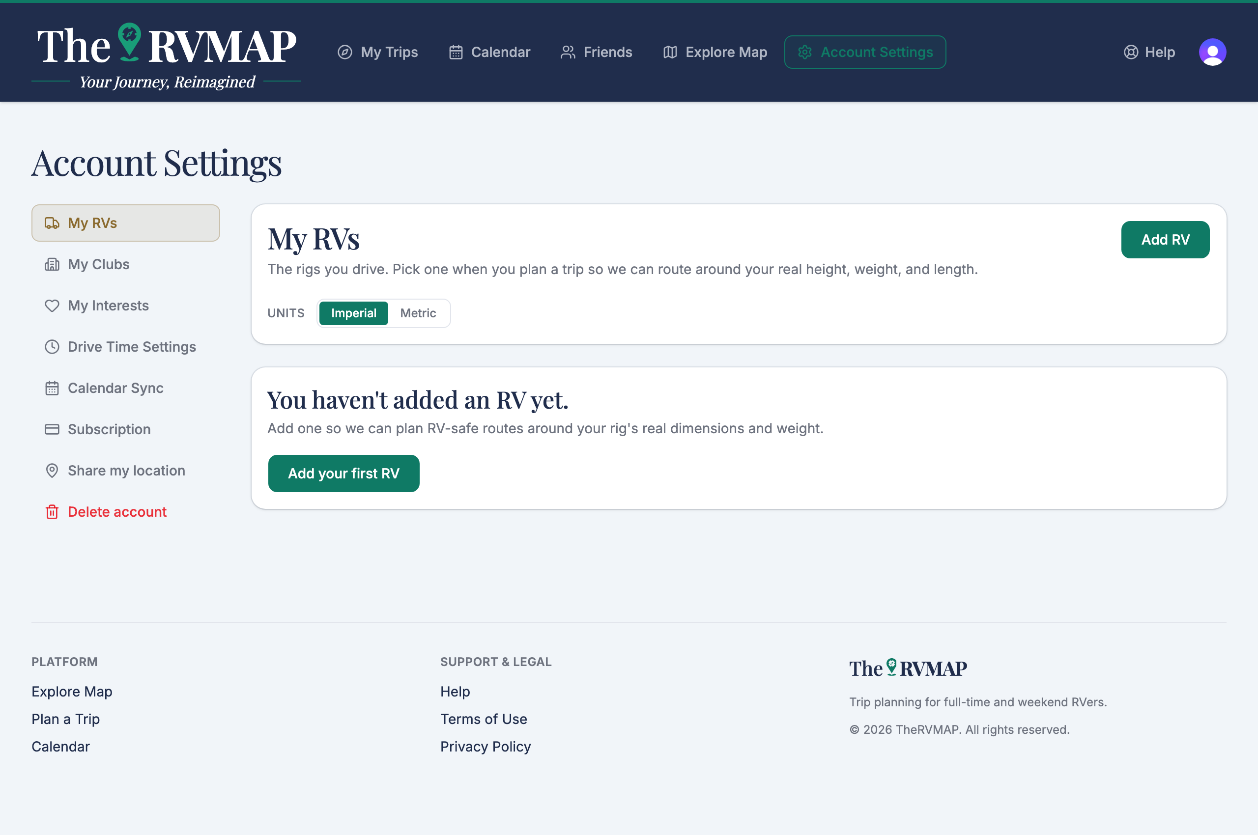 My RVs page with the Imperial/Metric units switch (web)