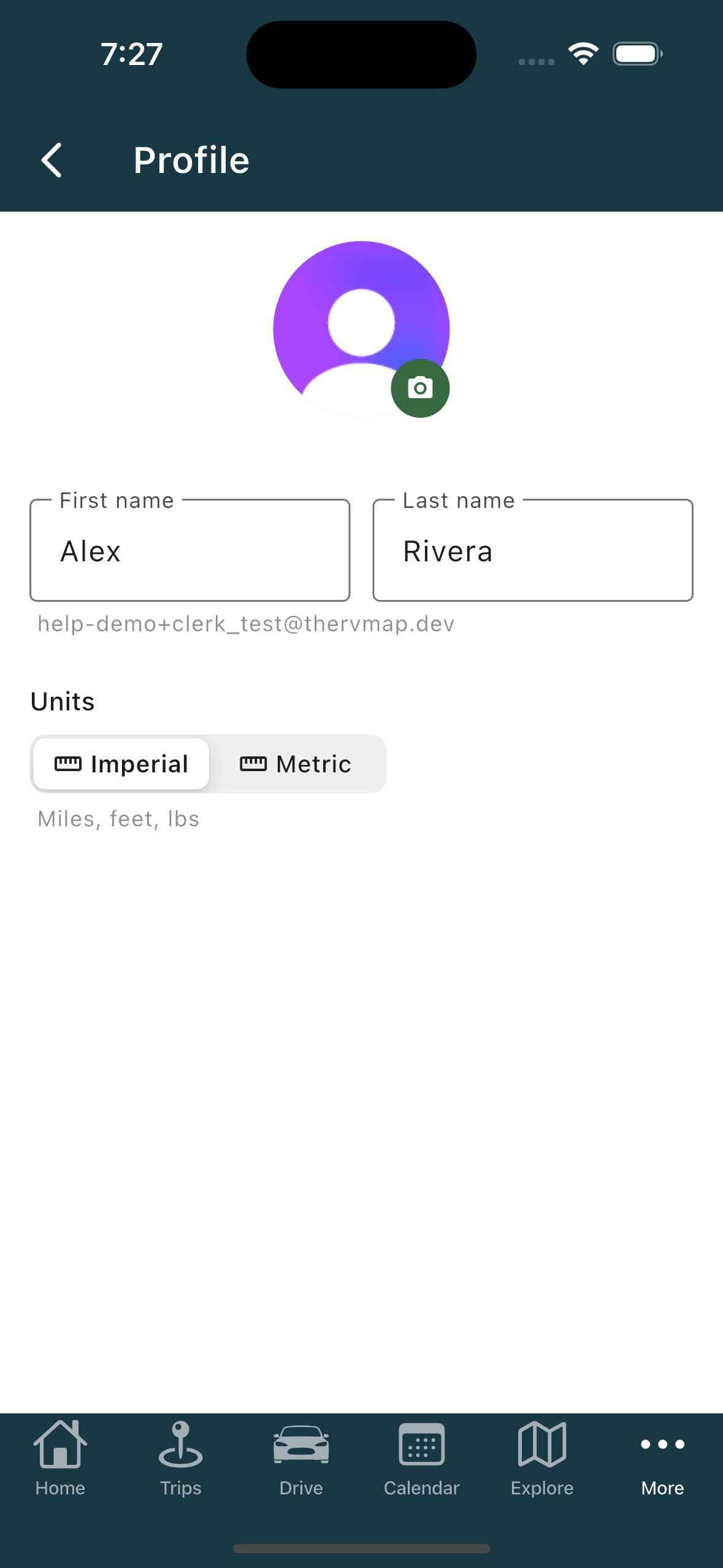 Profile screen with name, photo and units (iPhone)