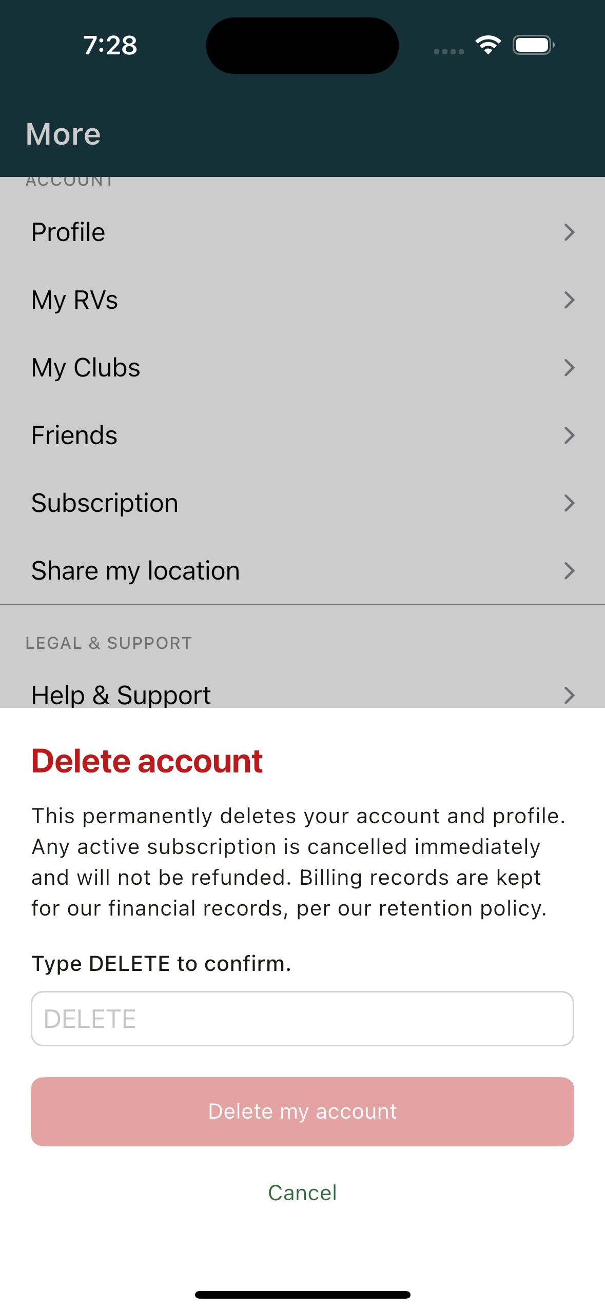 Delete account confirmation (iPhone)