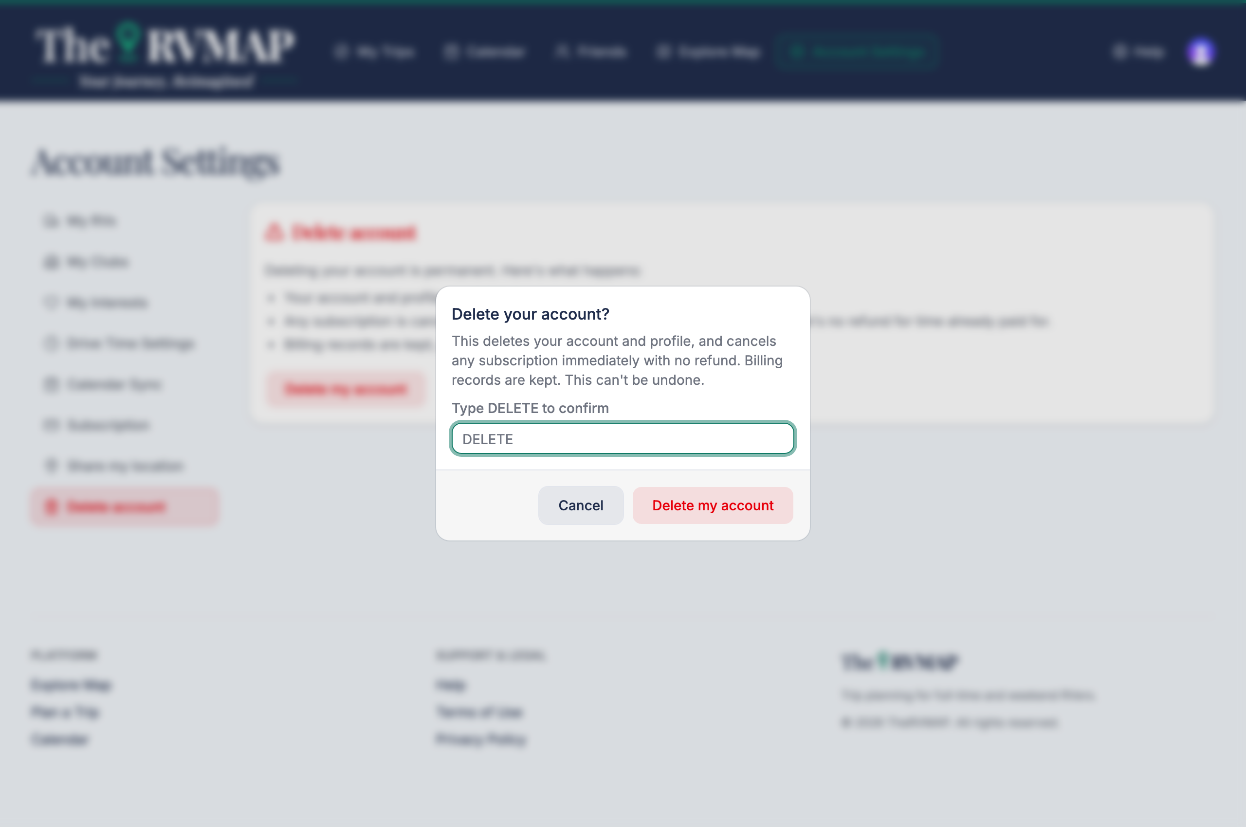 Delete account confirmation, DELETE typed in (web)