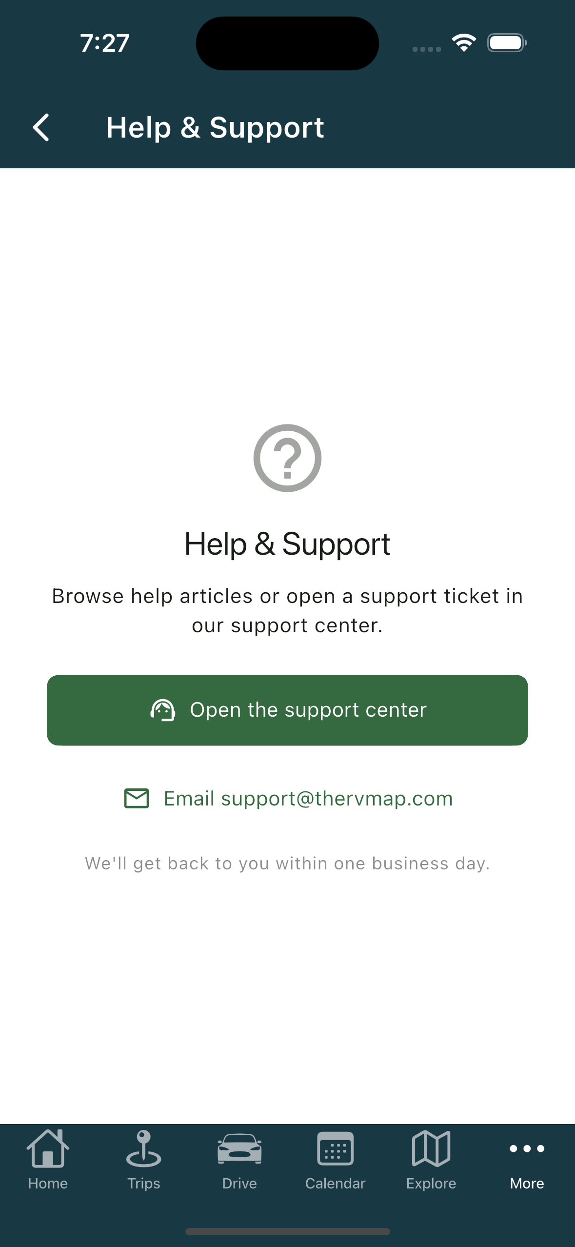 Help & Support screen (iPhone)