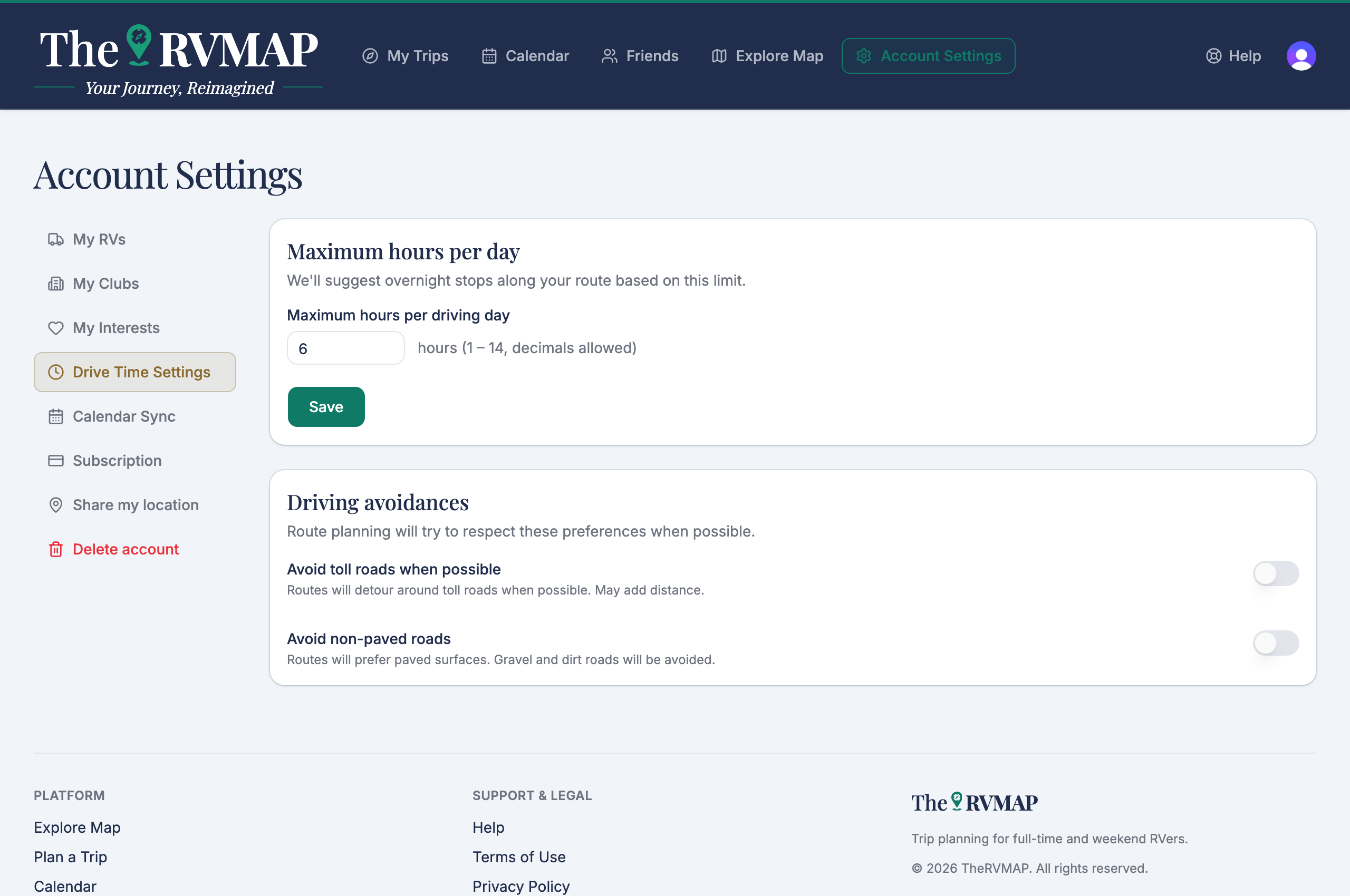 Drive Time Settings page (web)