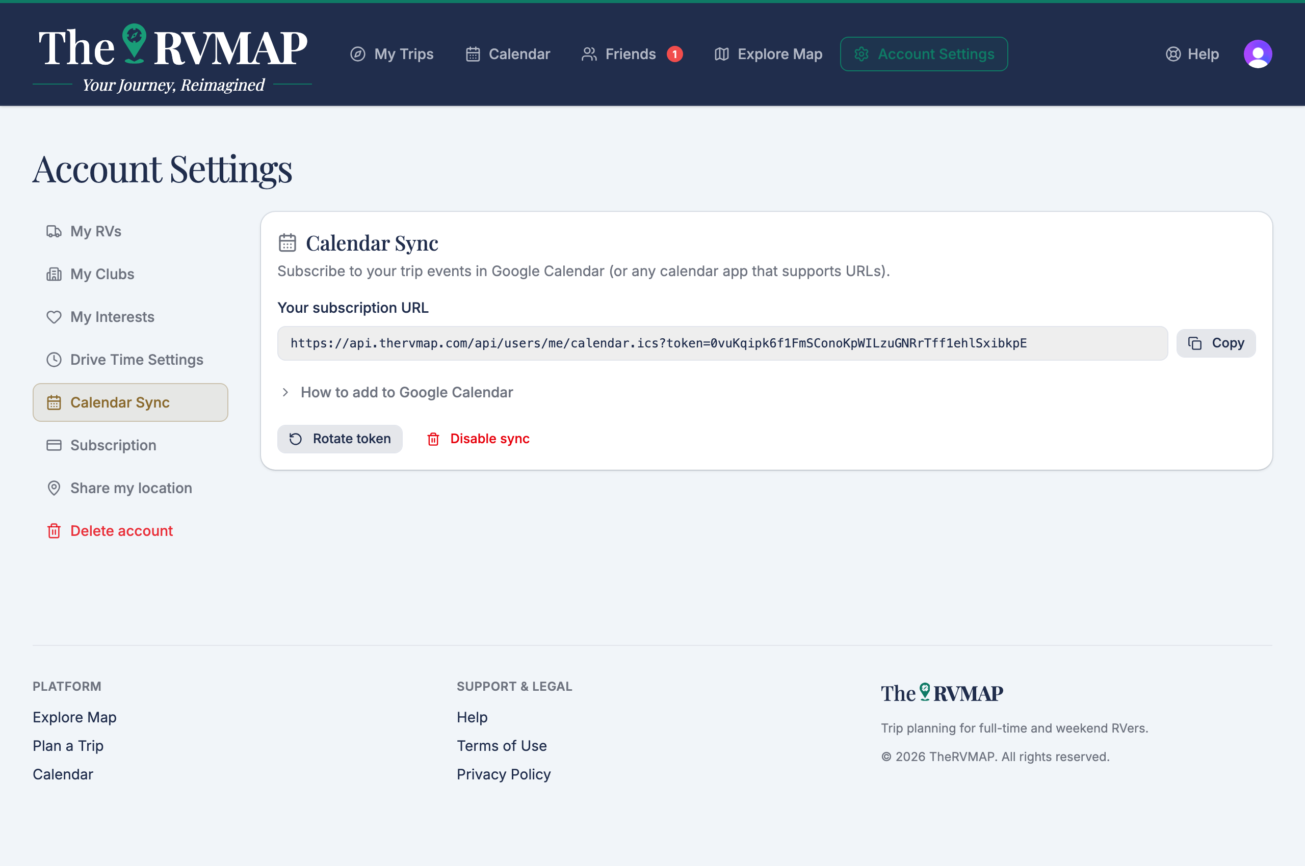 Calendar Sync page with the subscription link and controls (web)