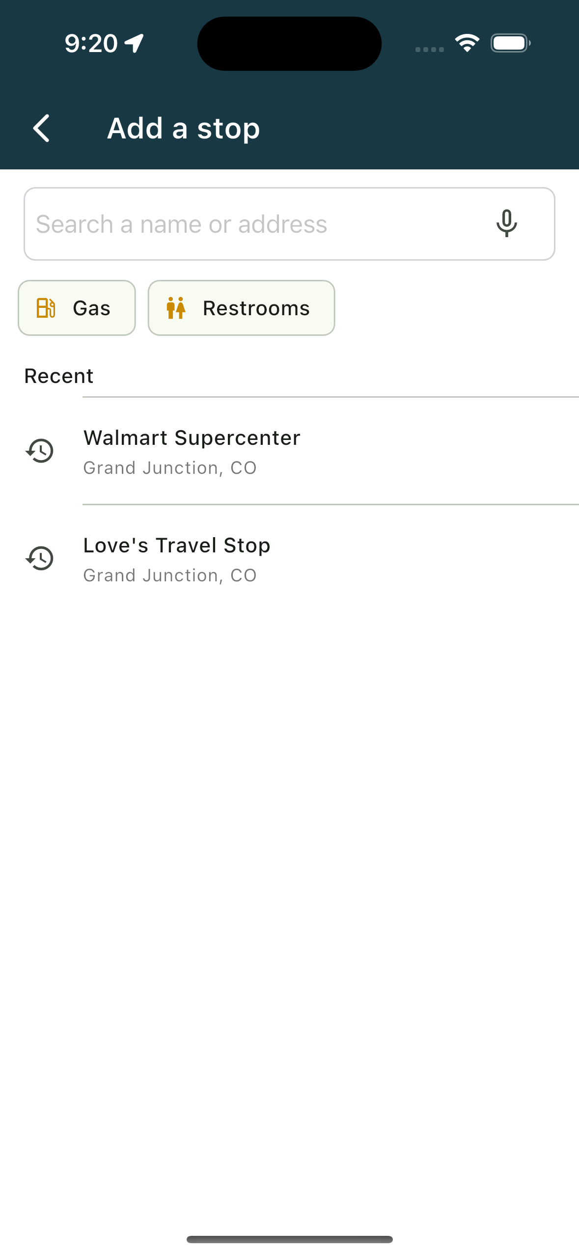 Add a stop screen with search field, chips and Recent list (phone)