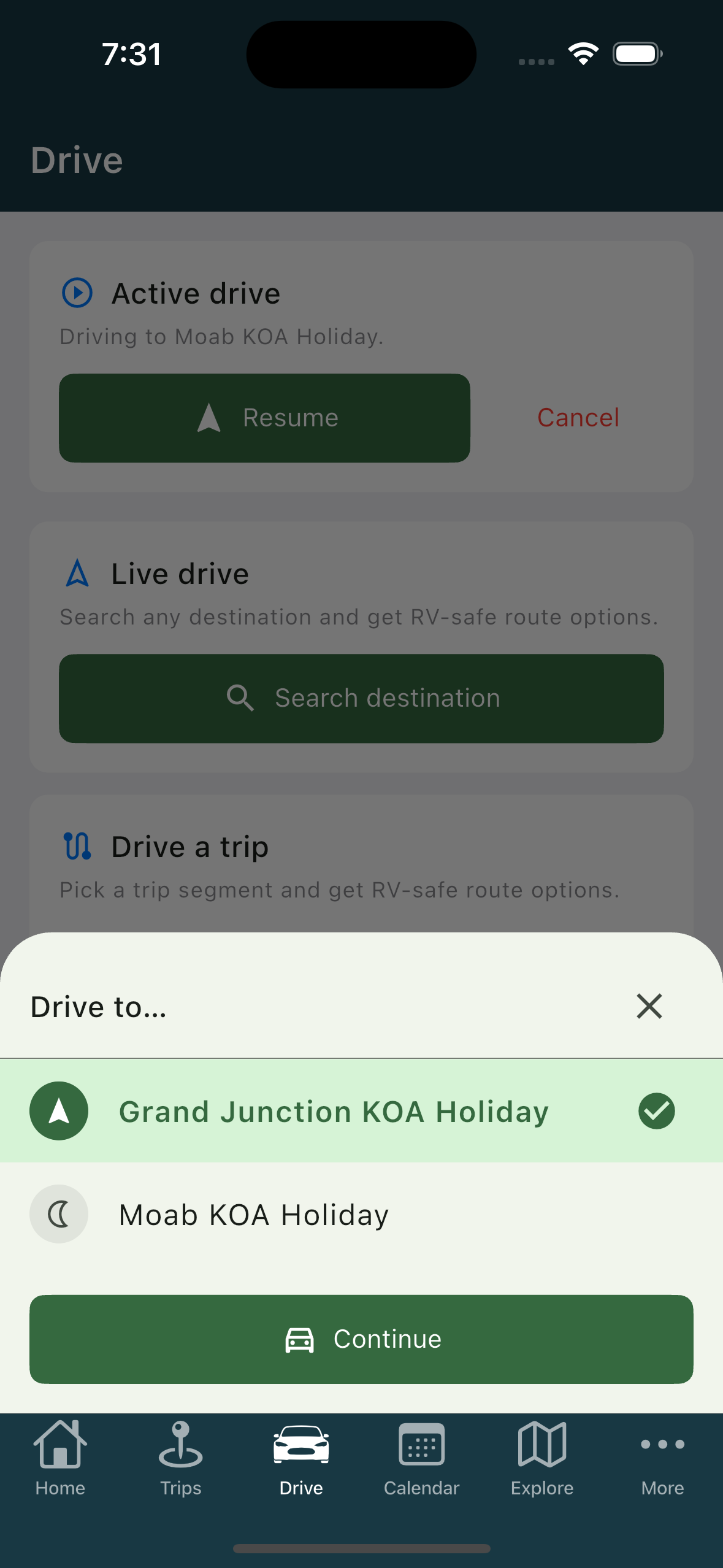 Drive to list of overnight stops and final destination (phone)