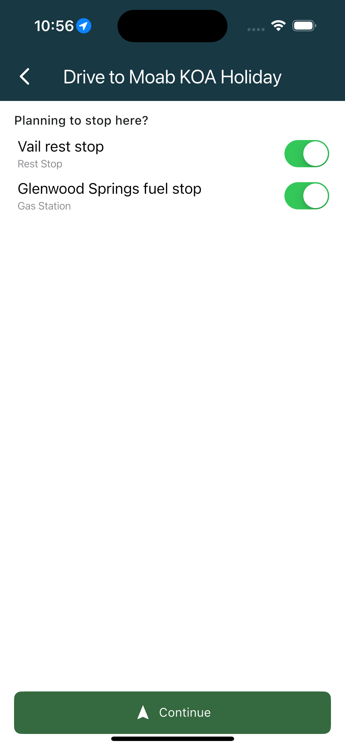 Planning to stop here list with stops switched on (phone)