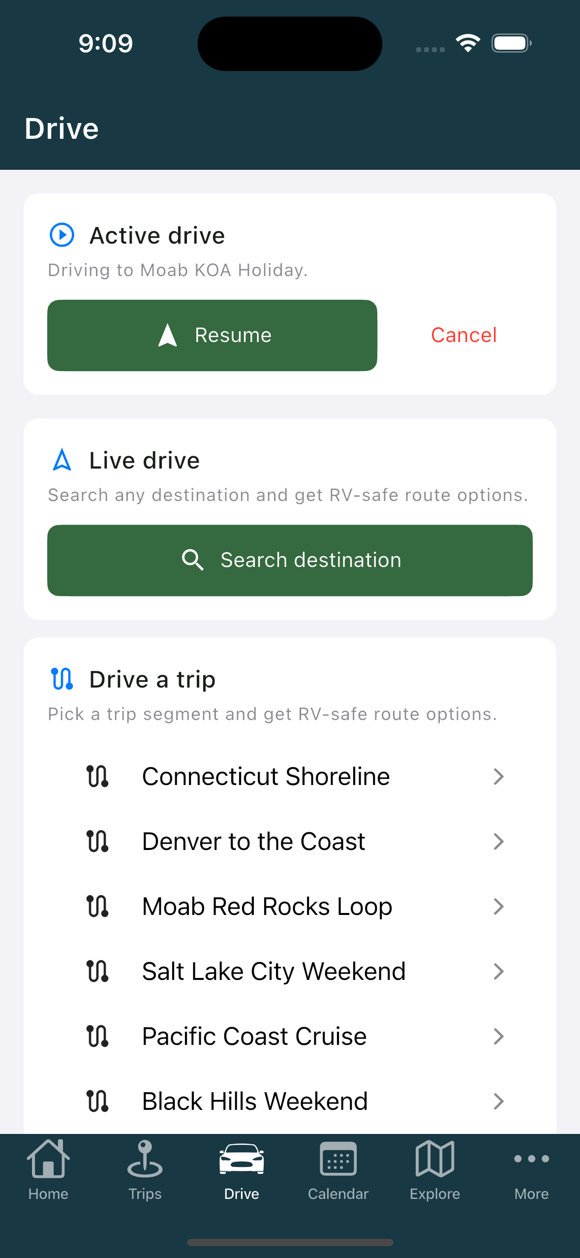 Drive tab Active drive card with Resume and Cancel (phone)