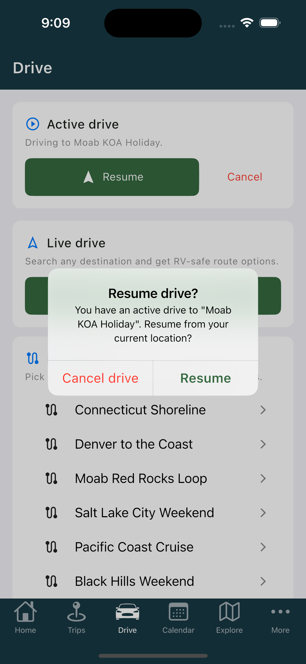 Resume drive sheet naming the destination (phone)