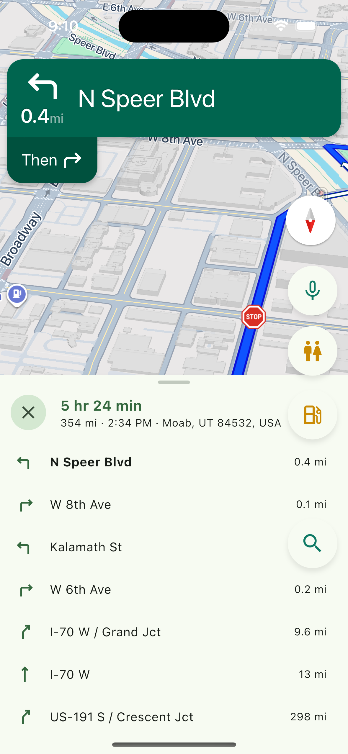 Upcoming-turns panel dragged up to the full list (phone)