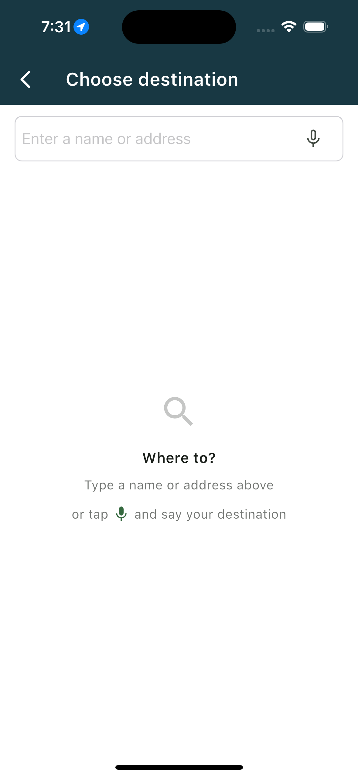 Choose destination search screen with the Where to prompt (phone)