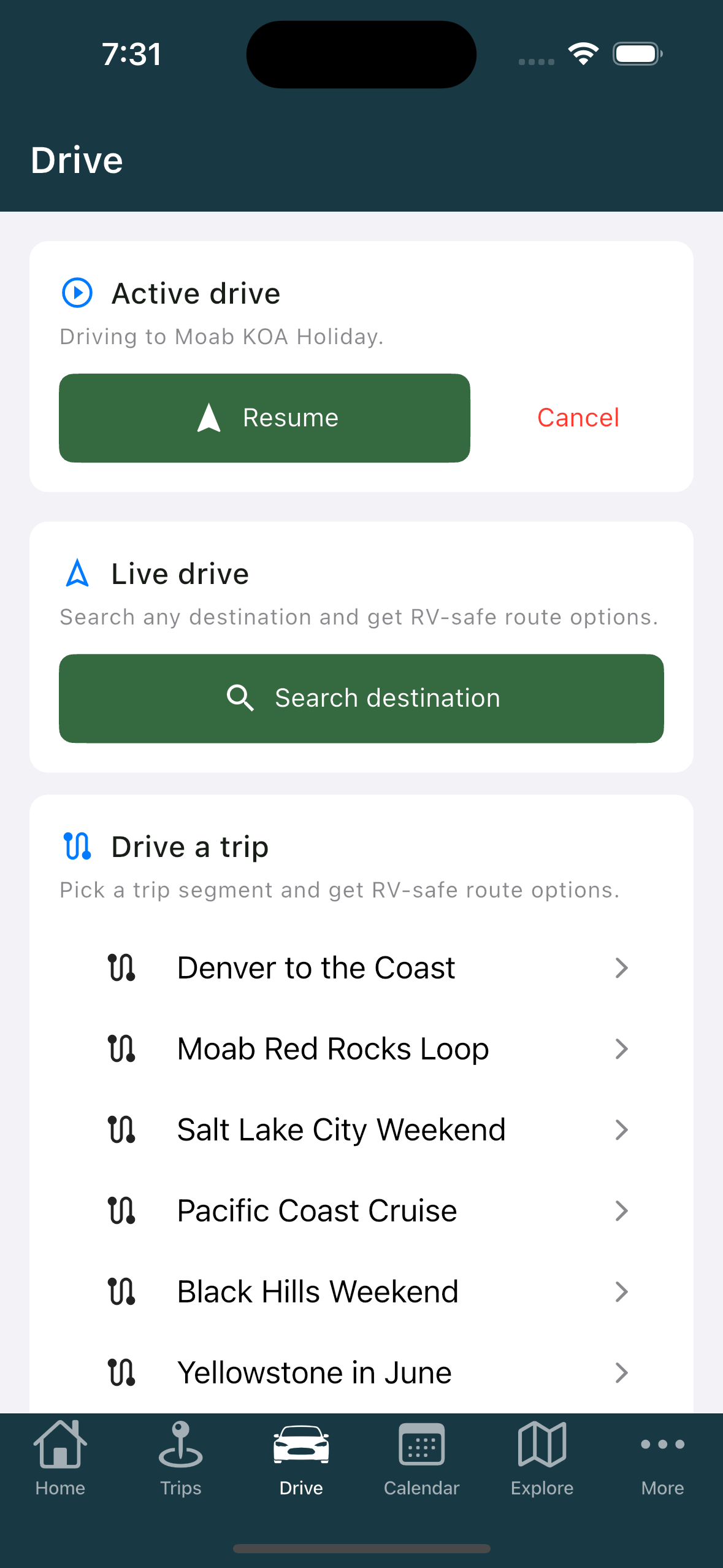 Drive tab showing Live drive and Drive a trip entry points (phone)