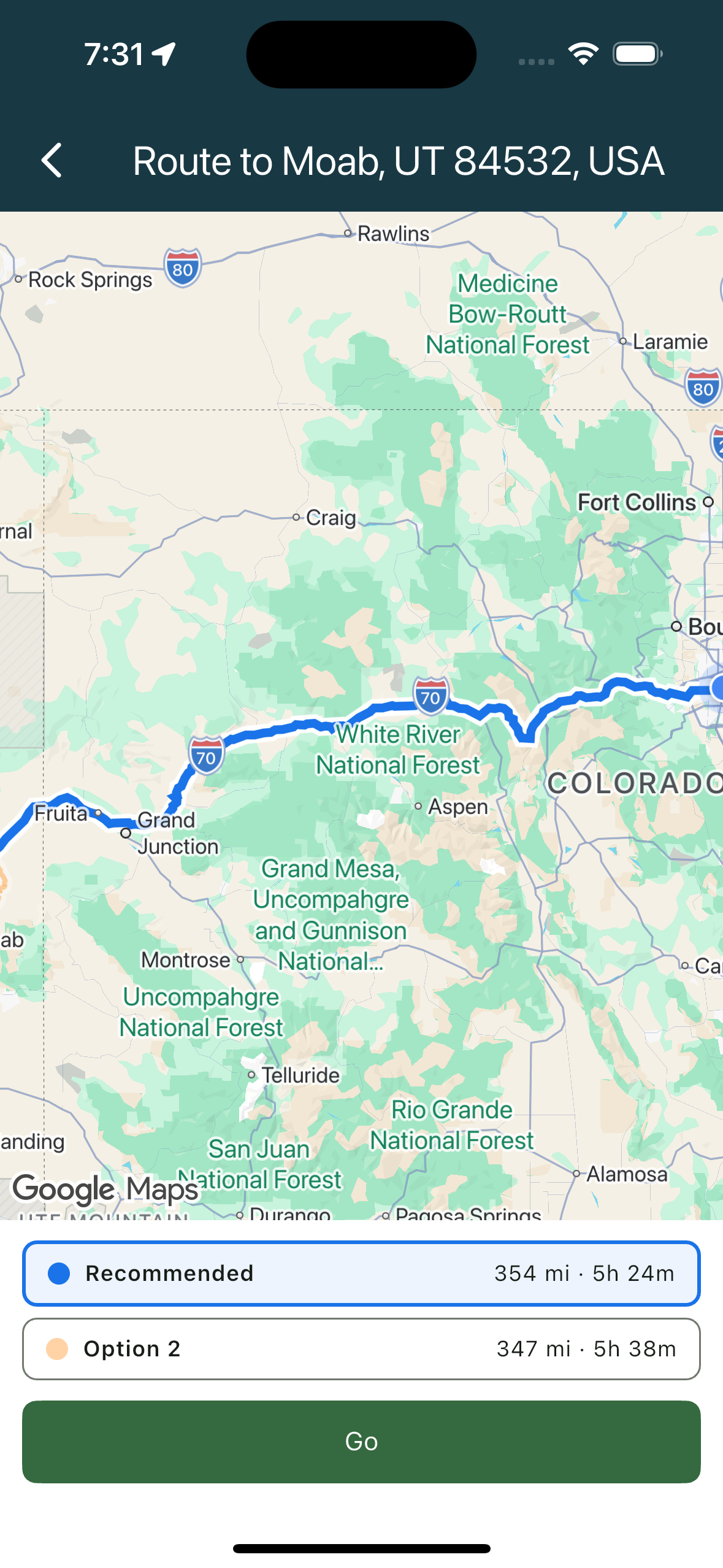 Route to screen listing Recommended, Option 2 and Option 3 (phone)