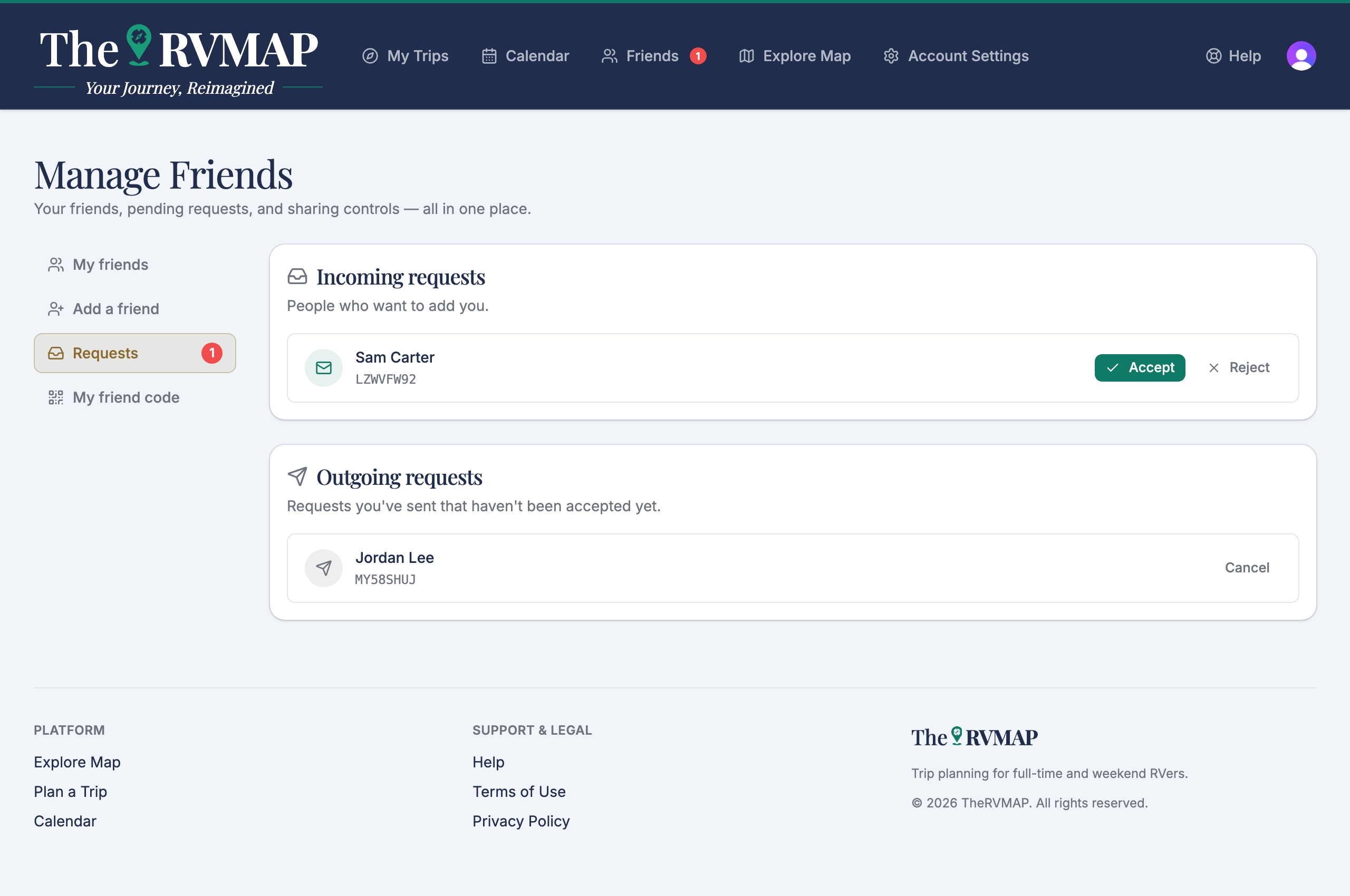 Incoming and outgoing requests page (web)
