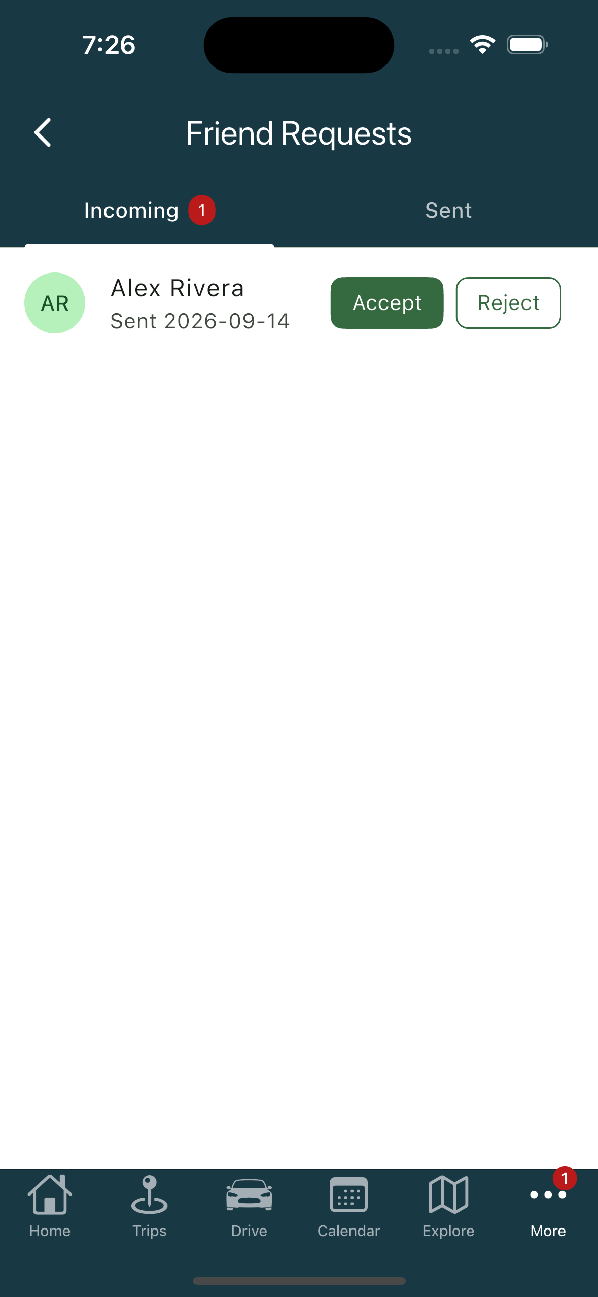 Friend requests with Incoming and Sent tabs (iPhone)