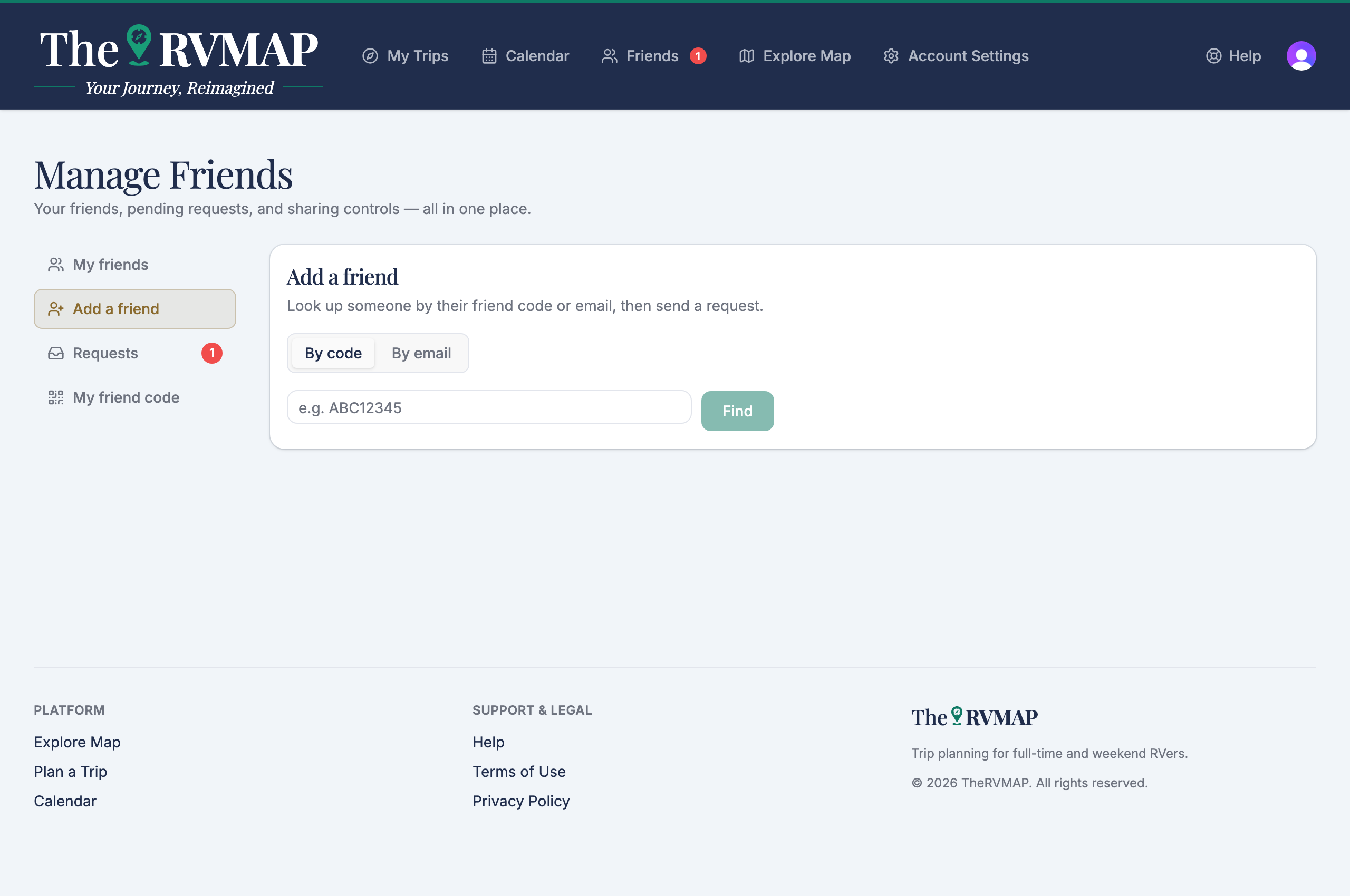 Add a friend, search by code or email (web)