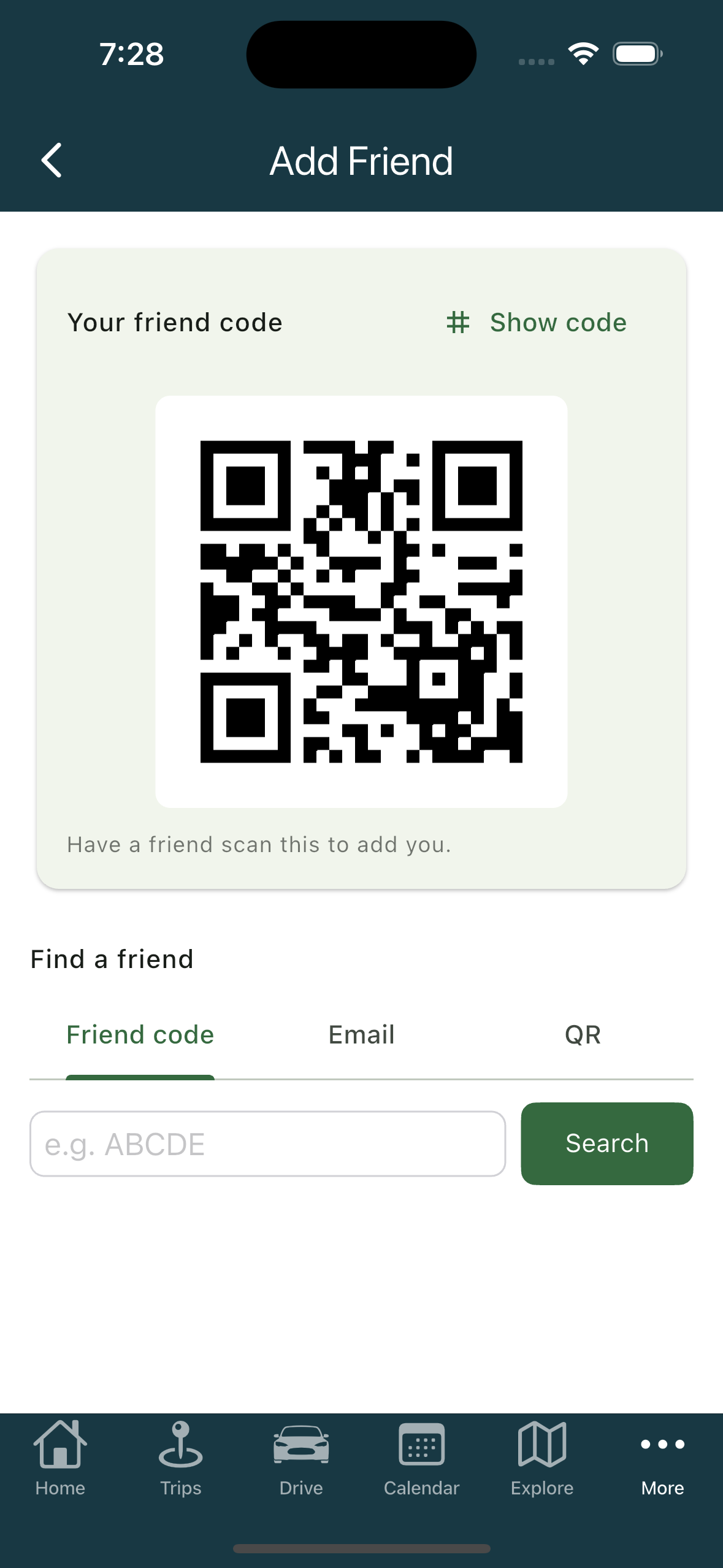 Add Friend screen with the friend-code card and QR (iPhone)