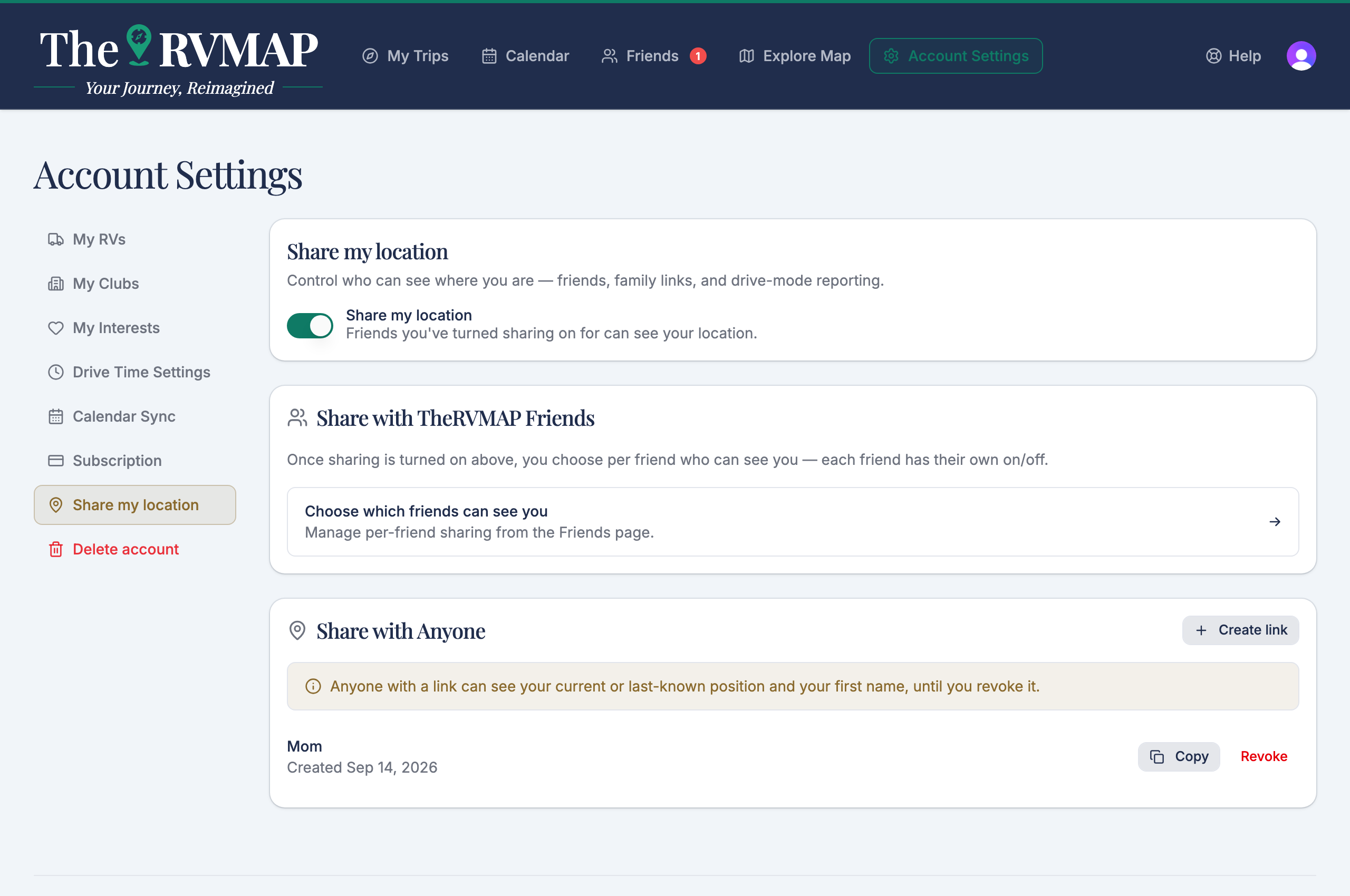 Account, Location sharing, master switch on (web)