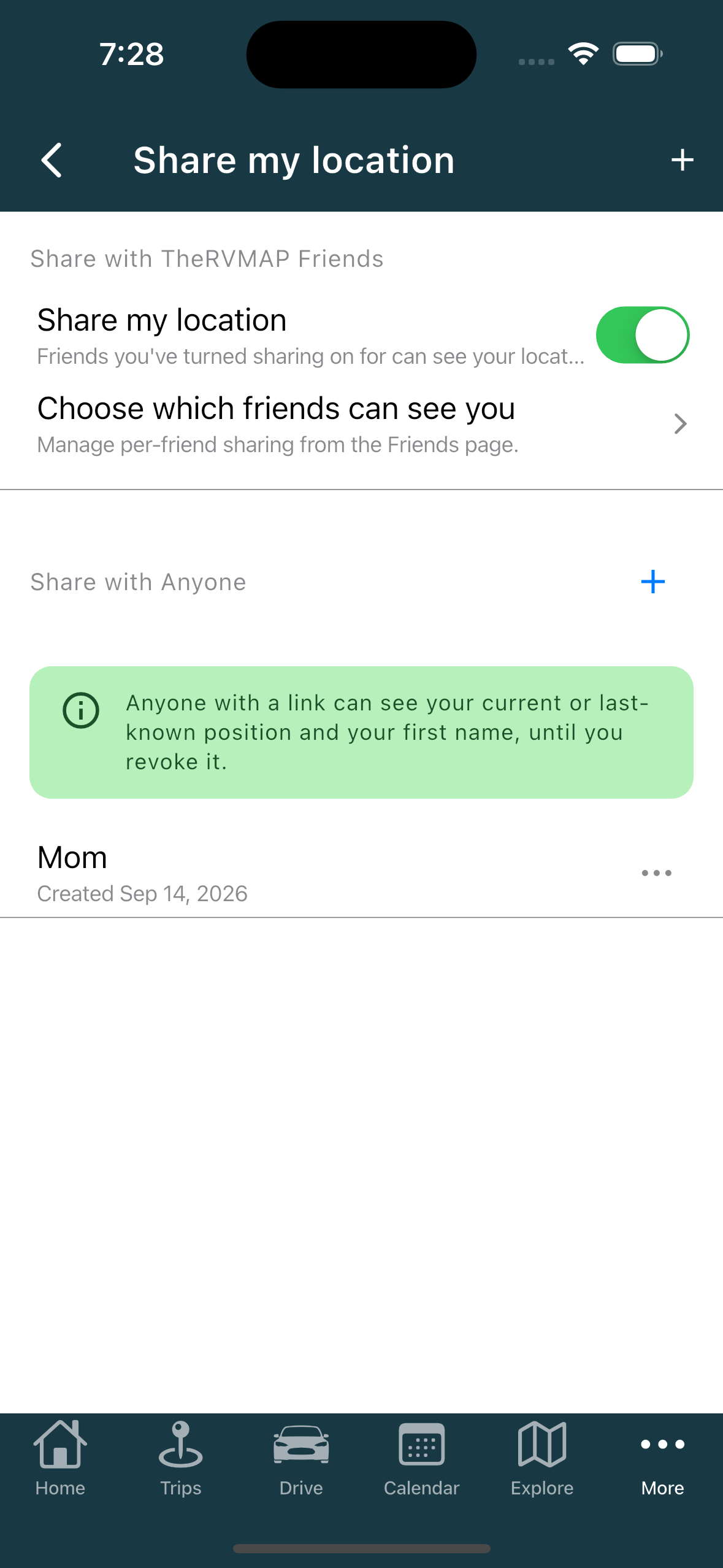 Share my location screen, master switch and per-friend list (iPhone)