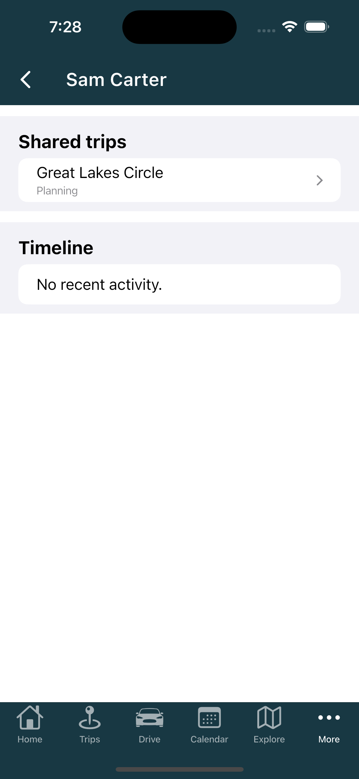 Friend profile with Shared trips and Timeline (iPhone)