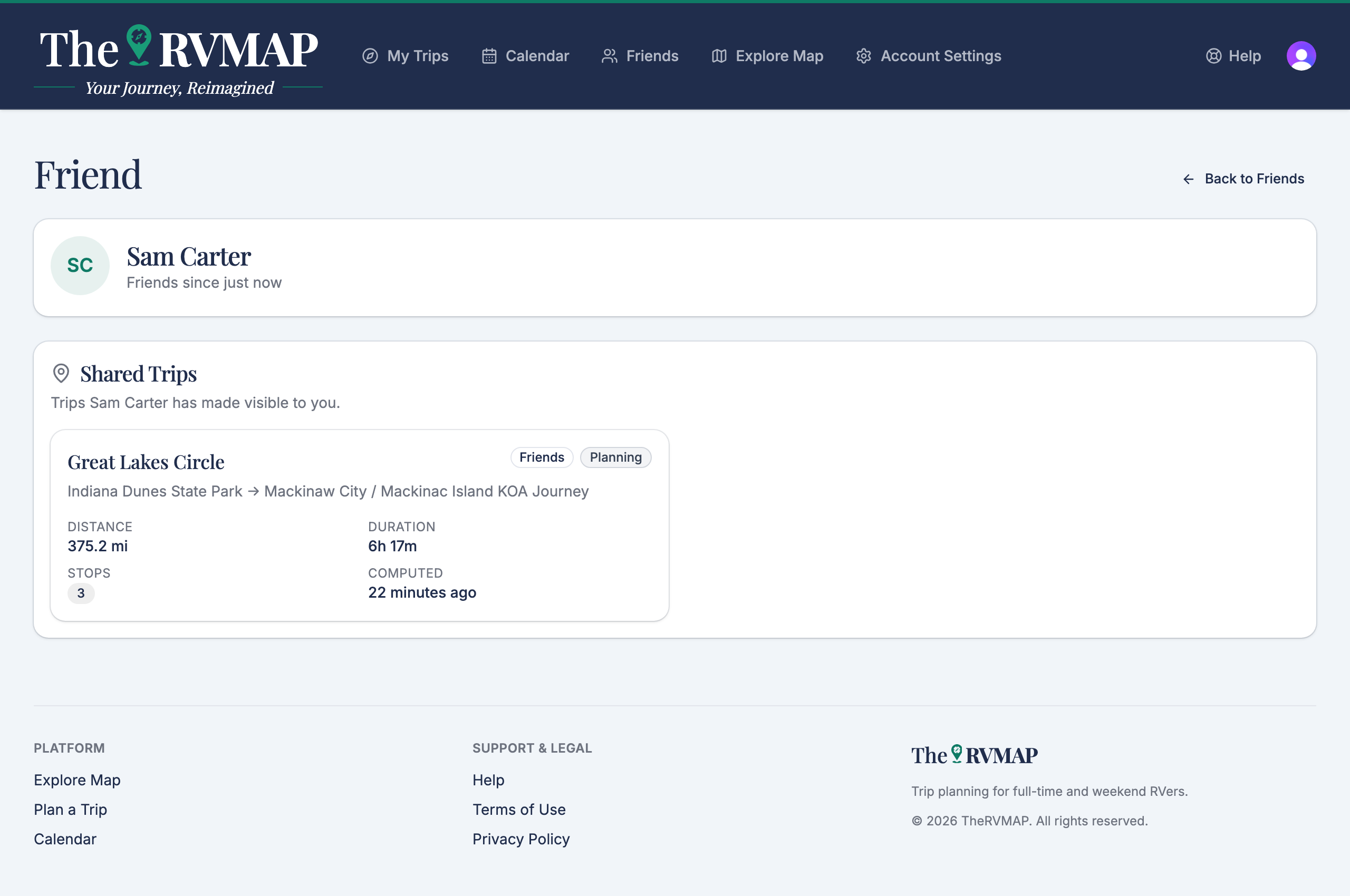 Friend profile with the Shared Trips list (web)