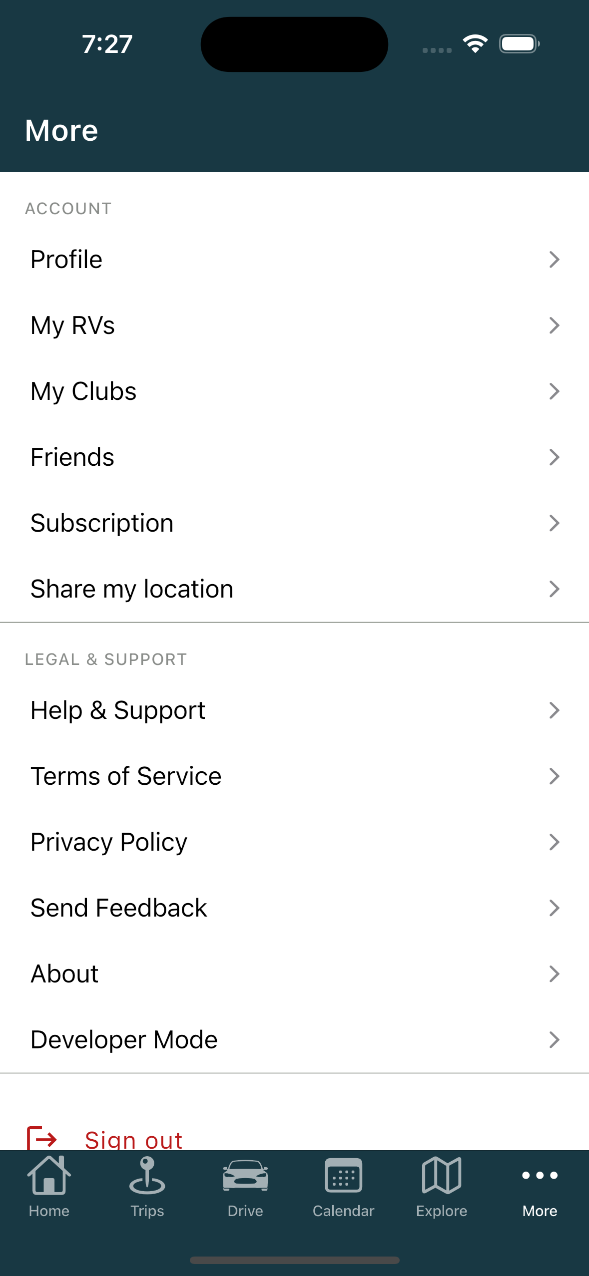 More screen, ACCOUNT and LEGAL & SUPPORT sections (phone)