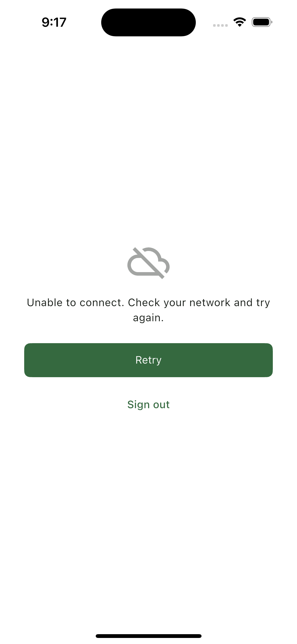 Retry / Sign out screen after a failed account check (phone)