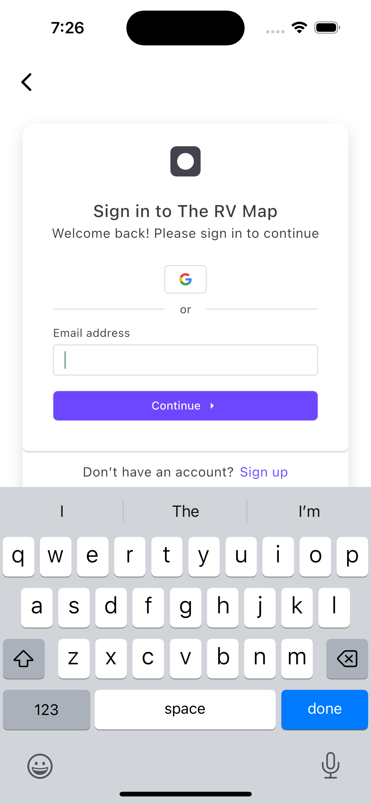 Sign-in form: email and password fields (phone)