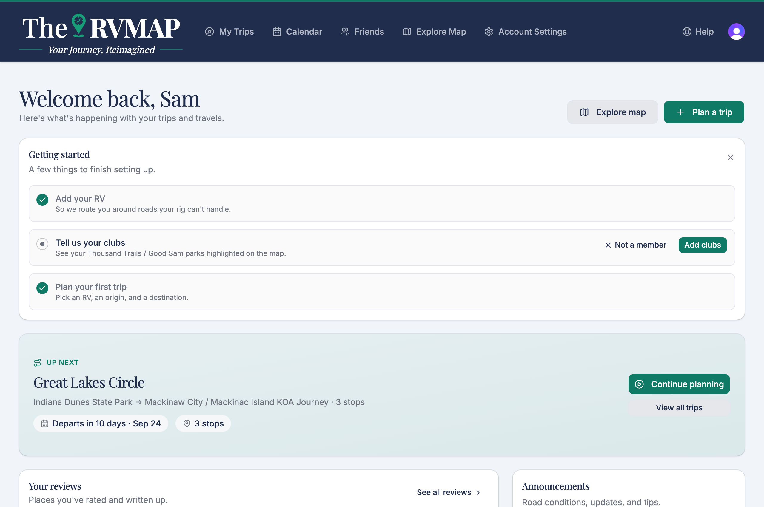 Home page with the getting-started card and next-trip card (desktop)