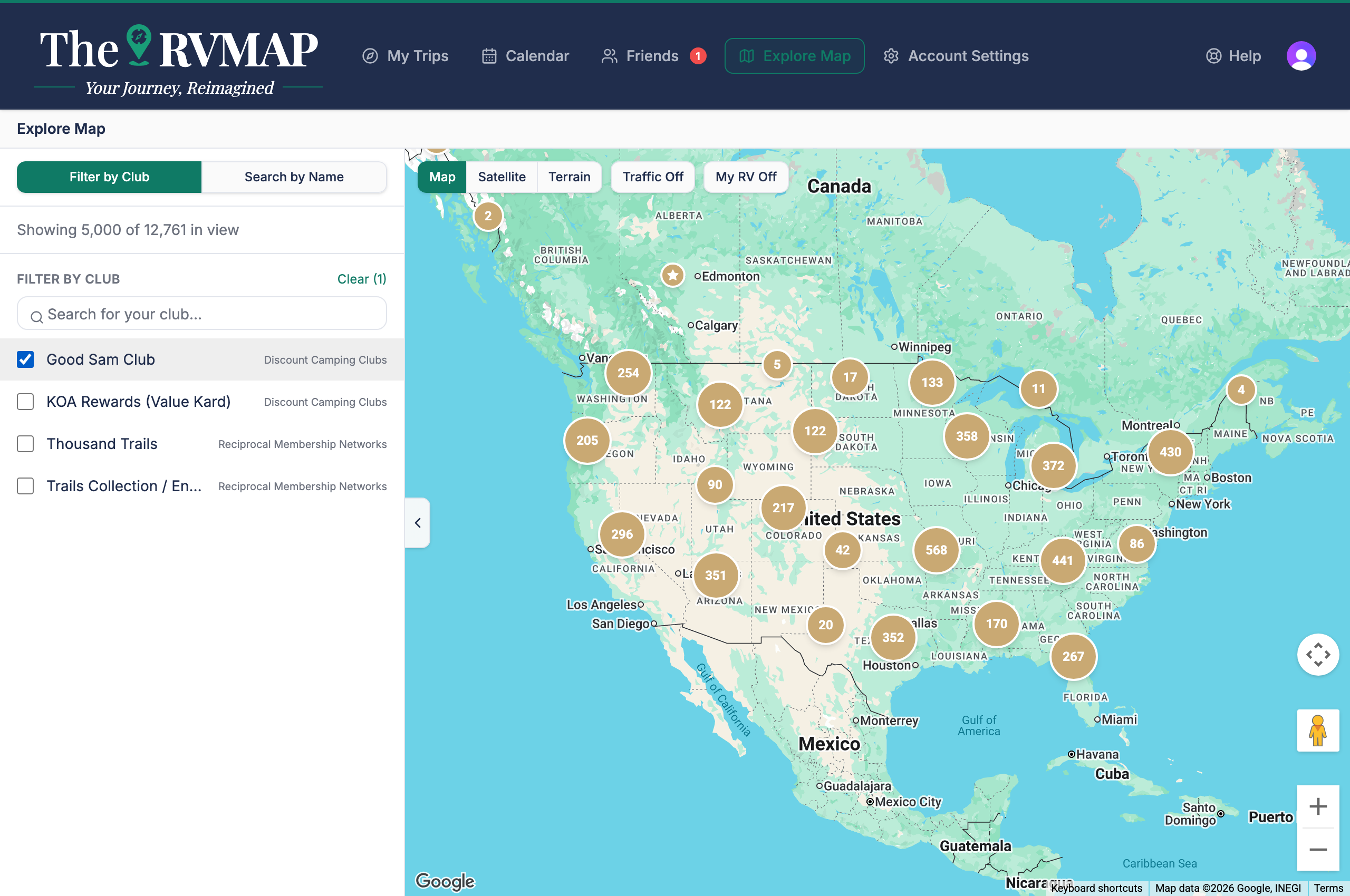 Explore Map with the club filter panel open (web)