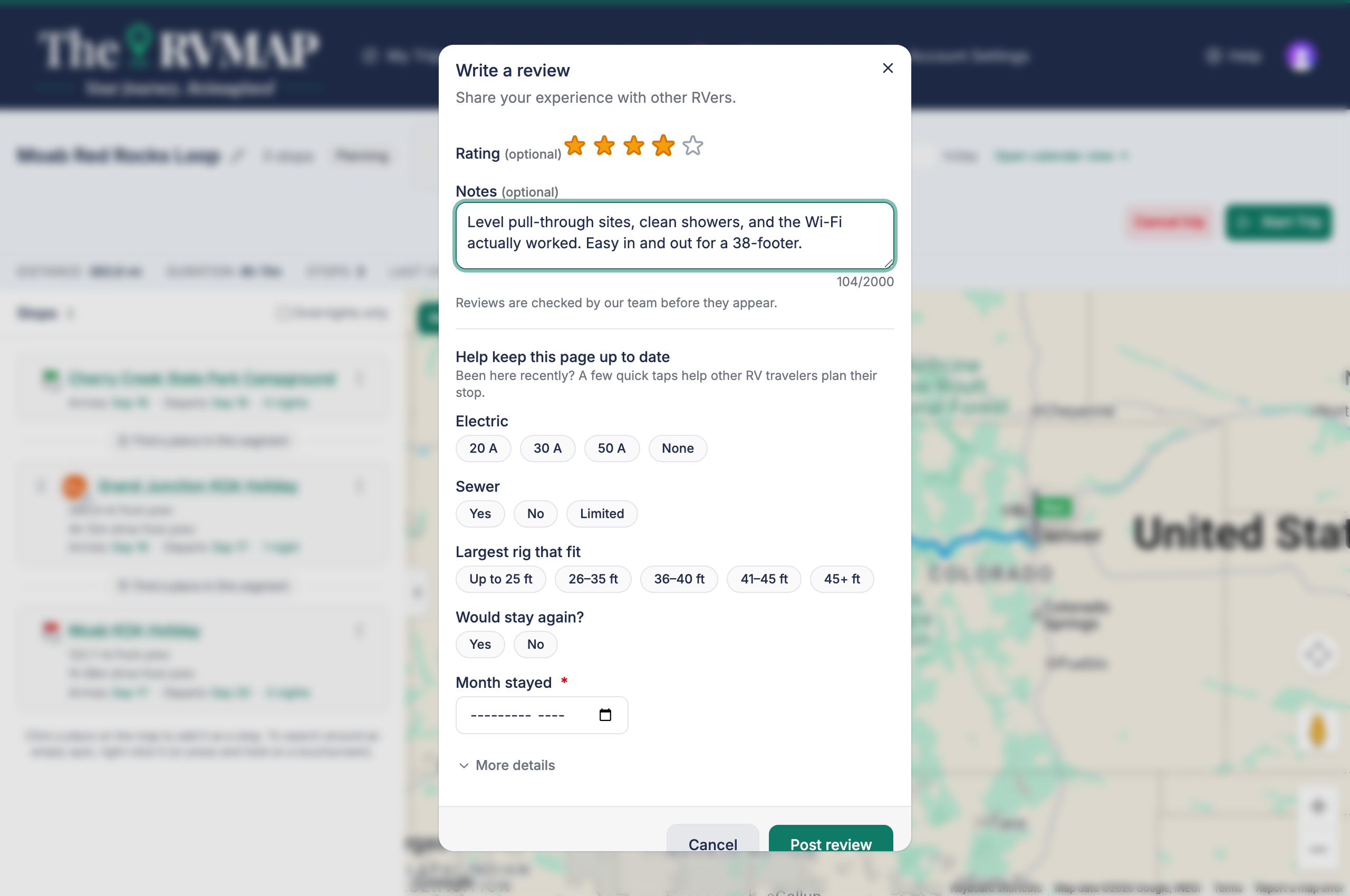 The review form with the star rating and notes (web)