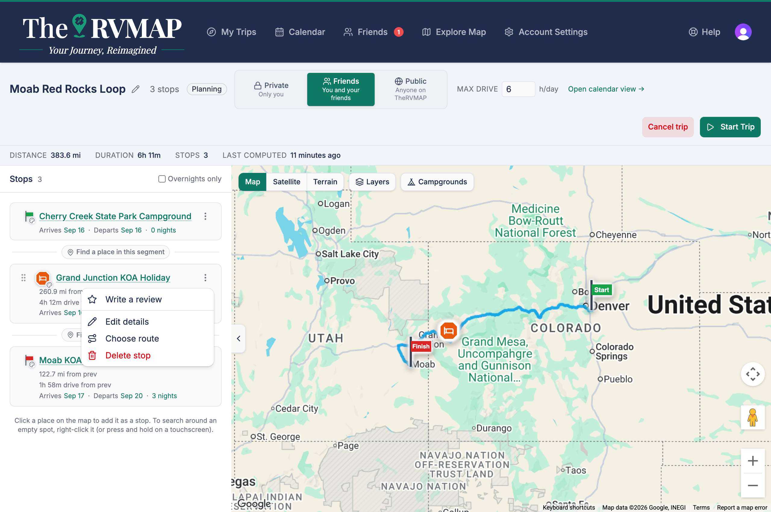 Stop list with the per-stop menu open (web)