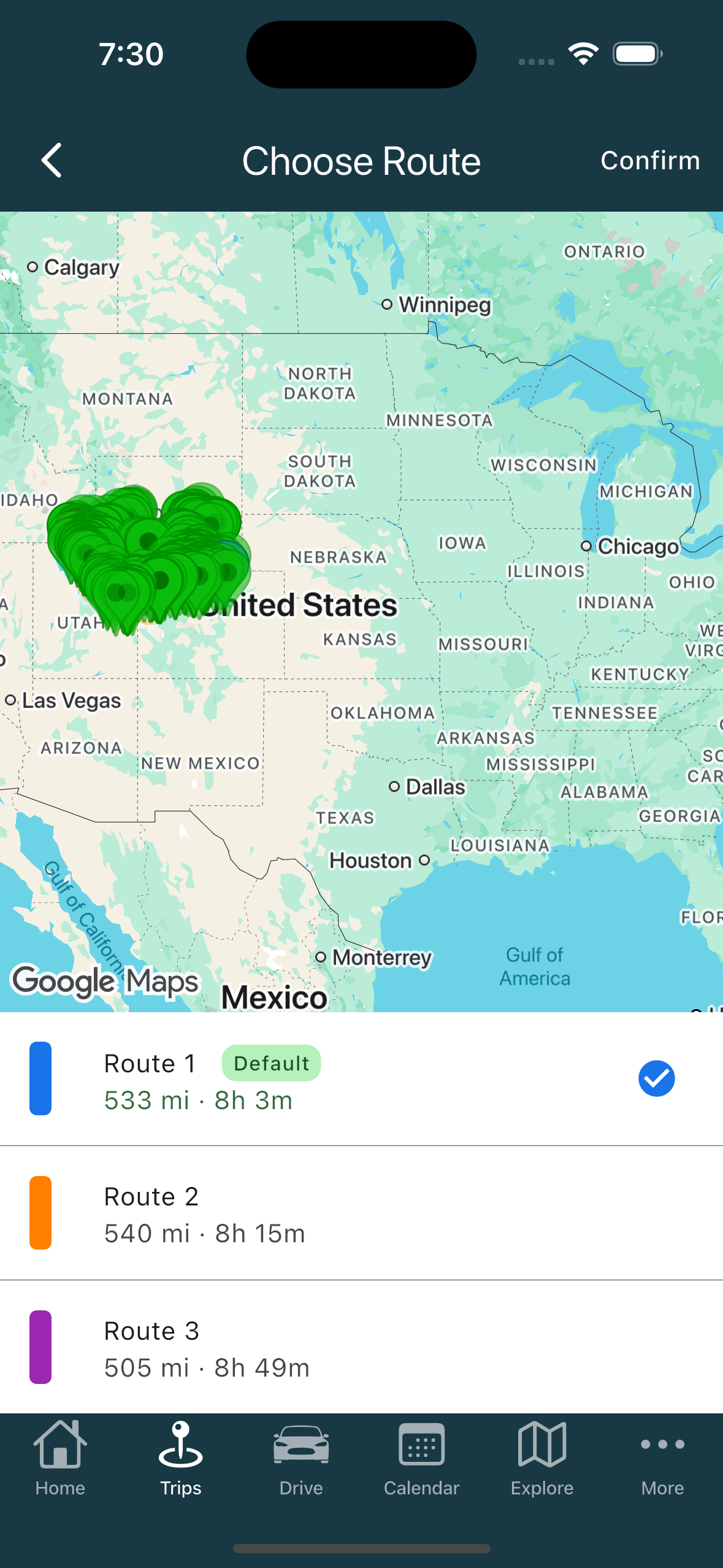 Choose Route screen with options listed (iPhone)