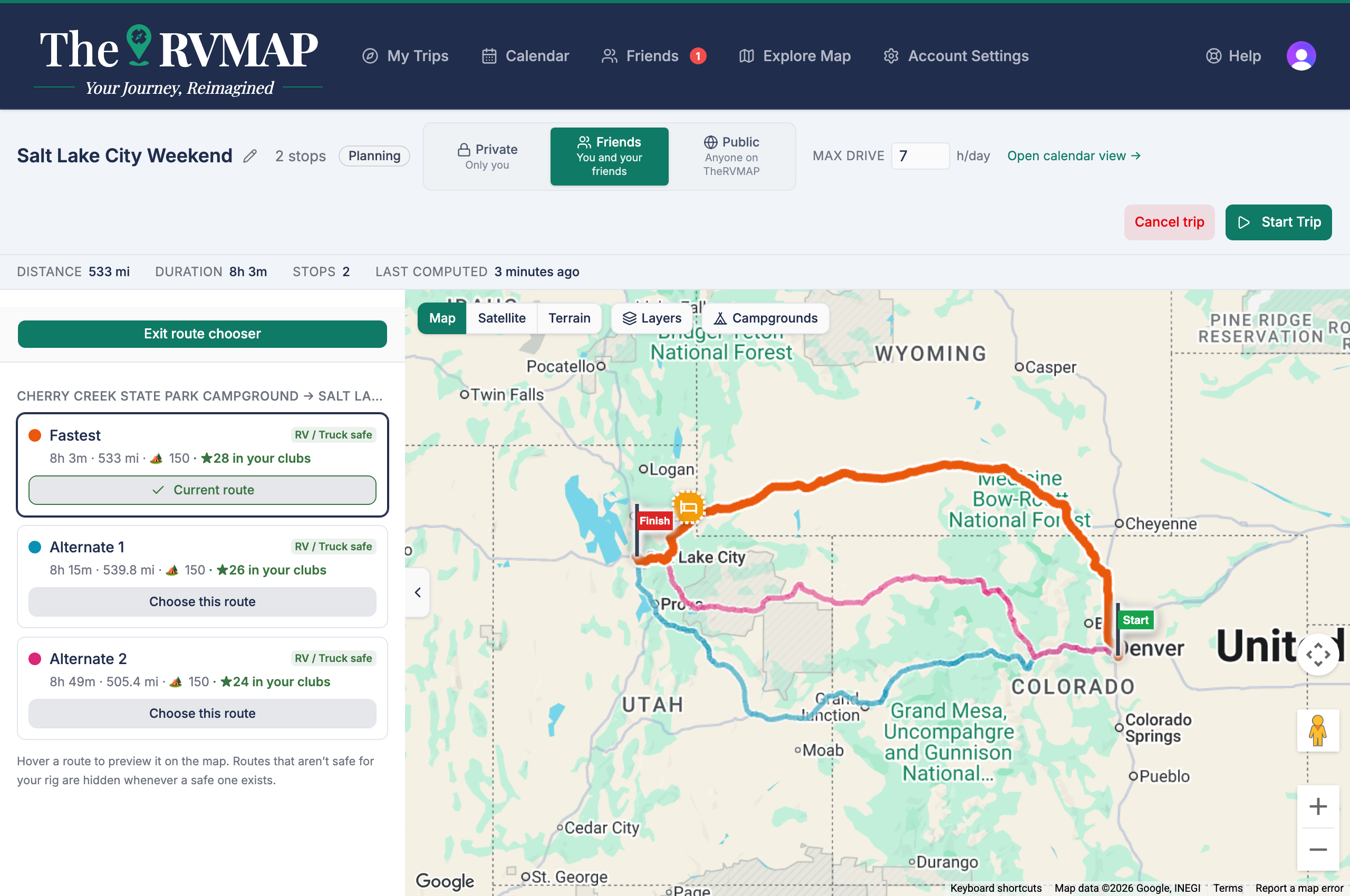 Route chooser with three options on the map (web)
