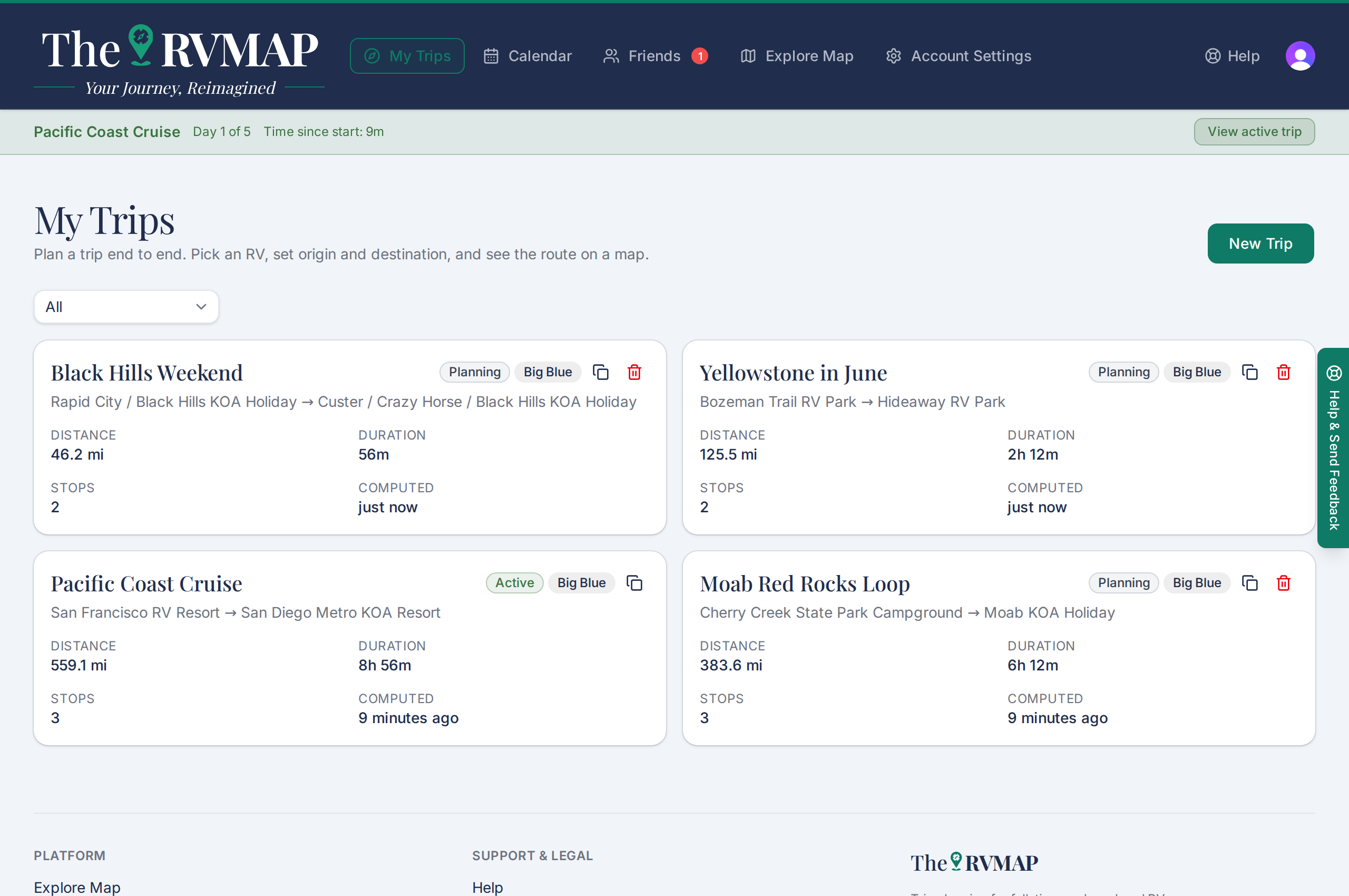 Trips list card with the clone button next to the trash button (web)