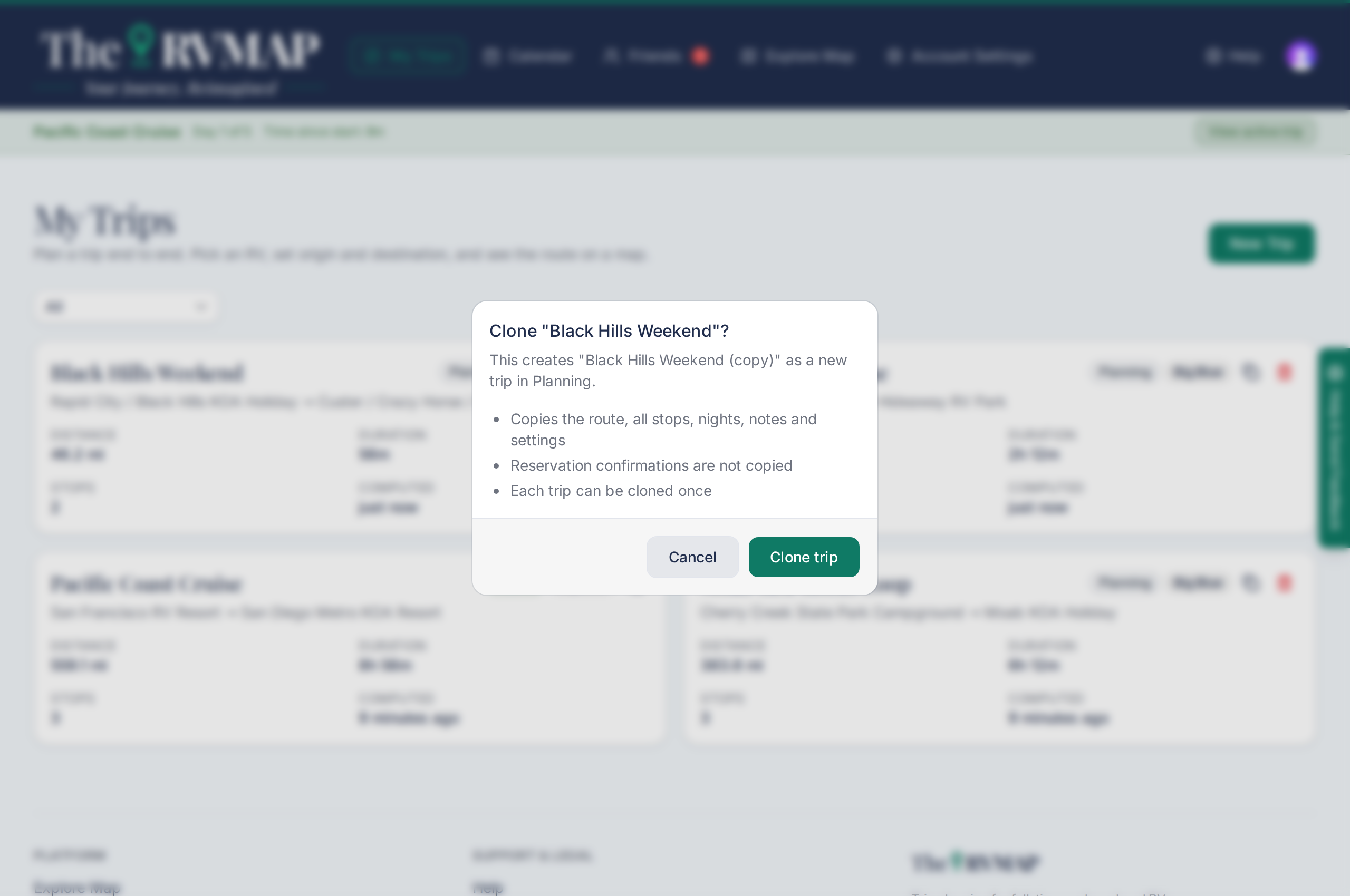 Clone trip confirmation dialog (web)