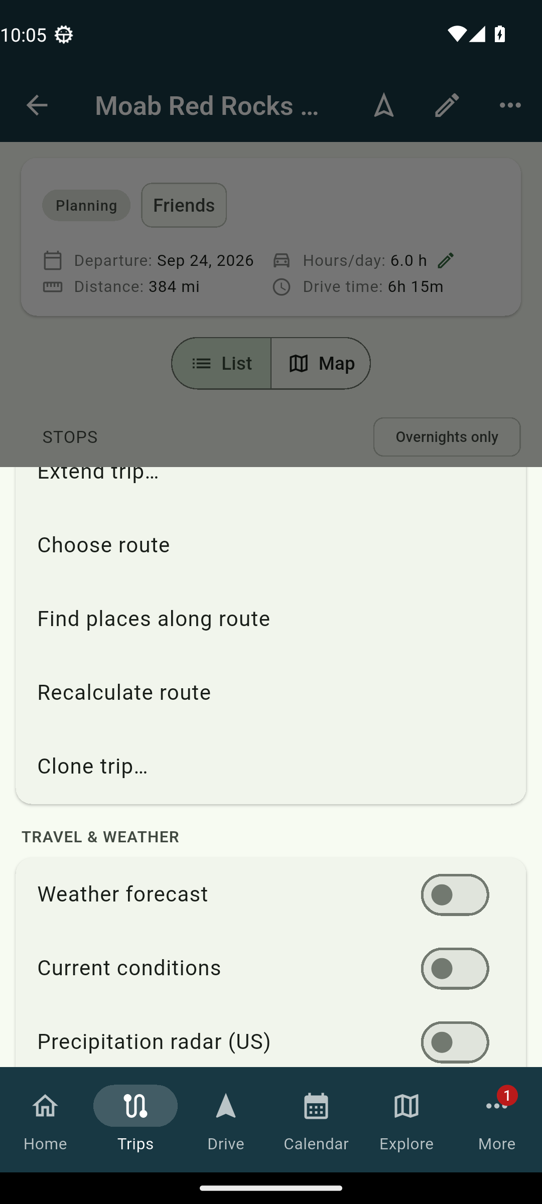 Layers and tools sheet, Trip section, showing the Clone trip row (Android)