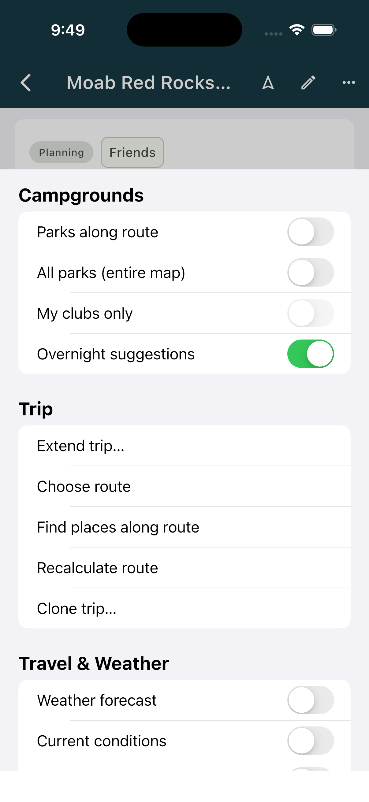 Layers and tools sheet, Trip section, showing the Clone trip row (iPhone)