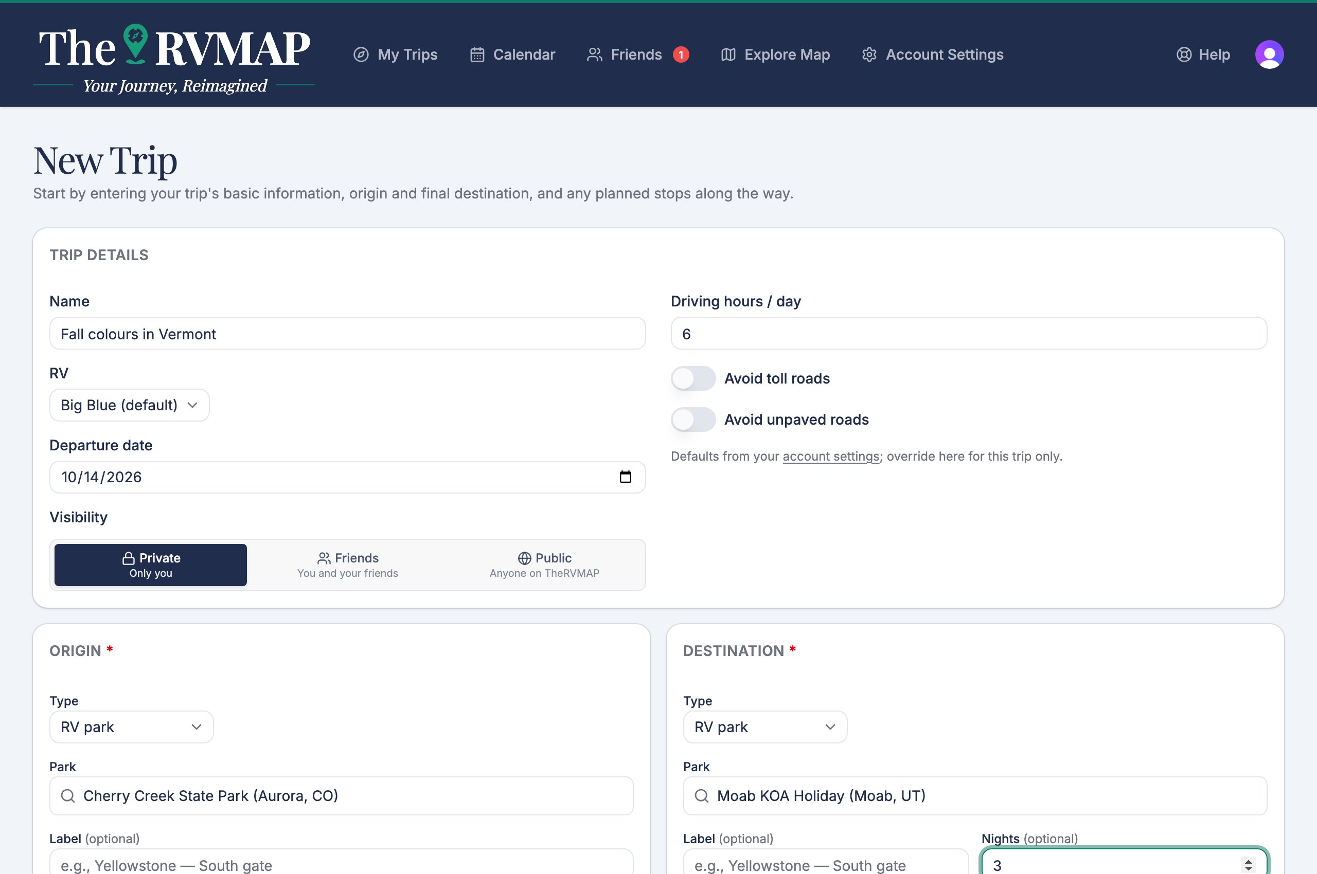 Create-trip form, filled in (web)
