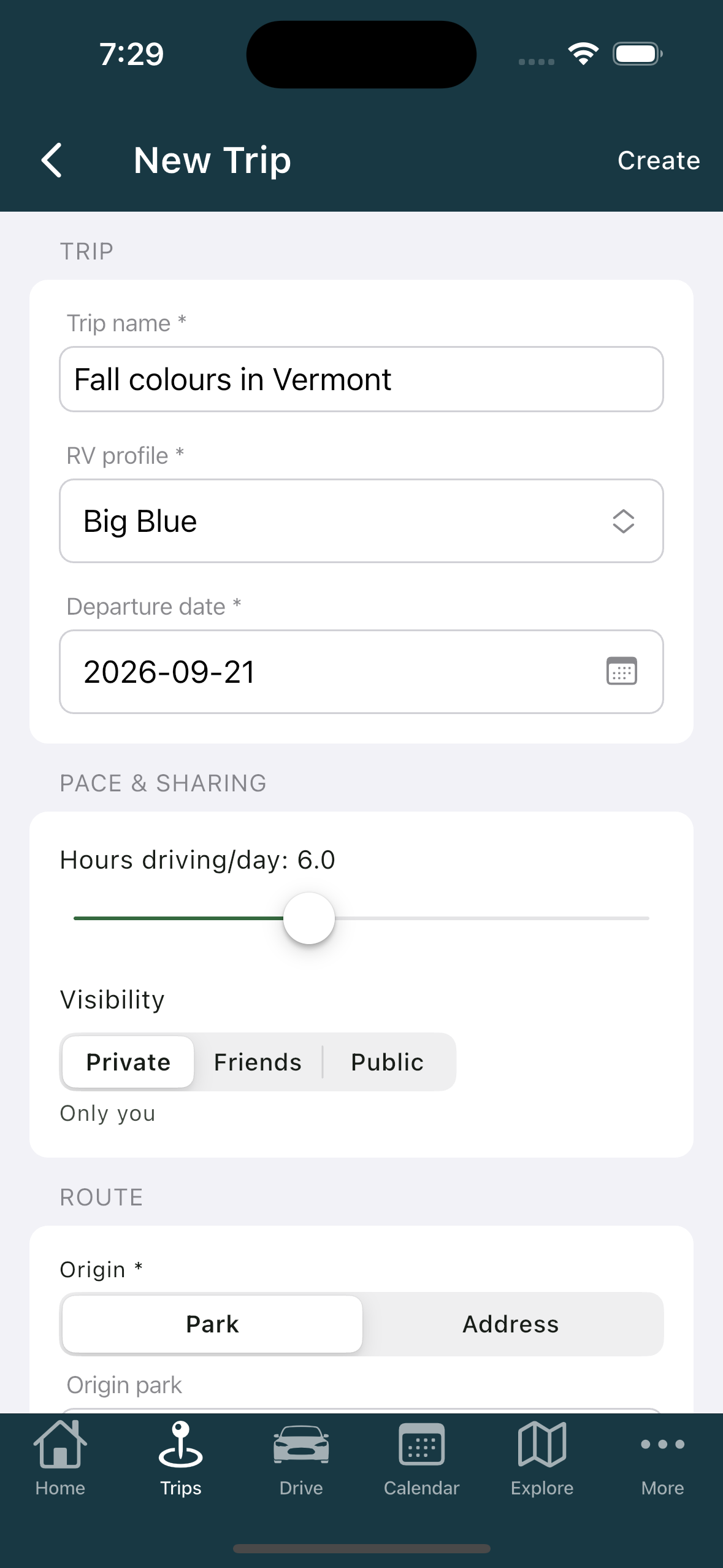 New Trip screen, filled in (iPhone)