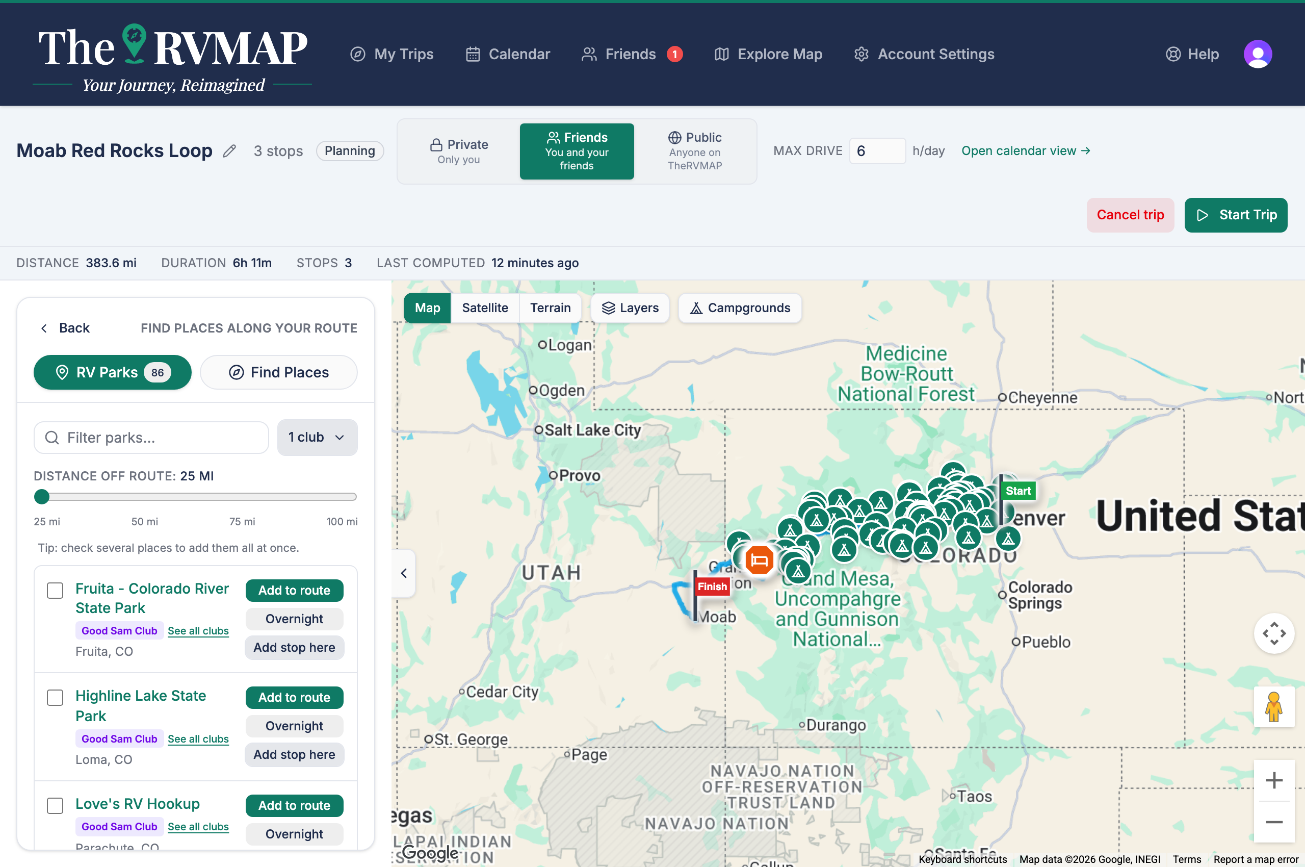 Place picker with the RV Parks and Find Places tabs (web)