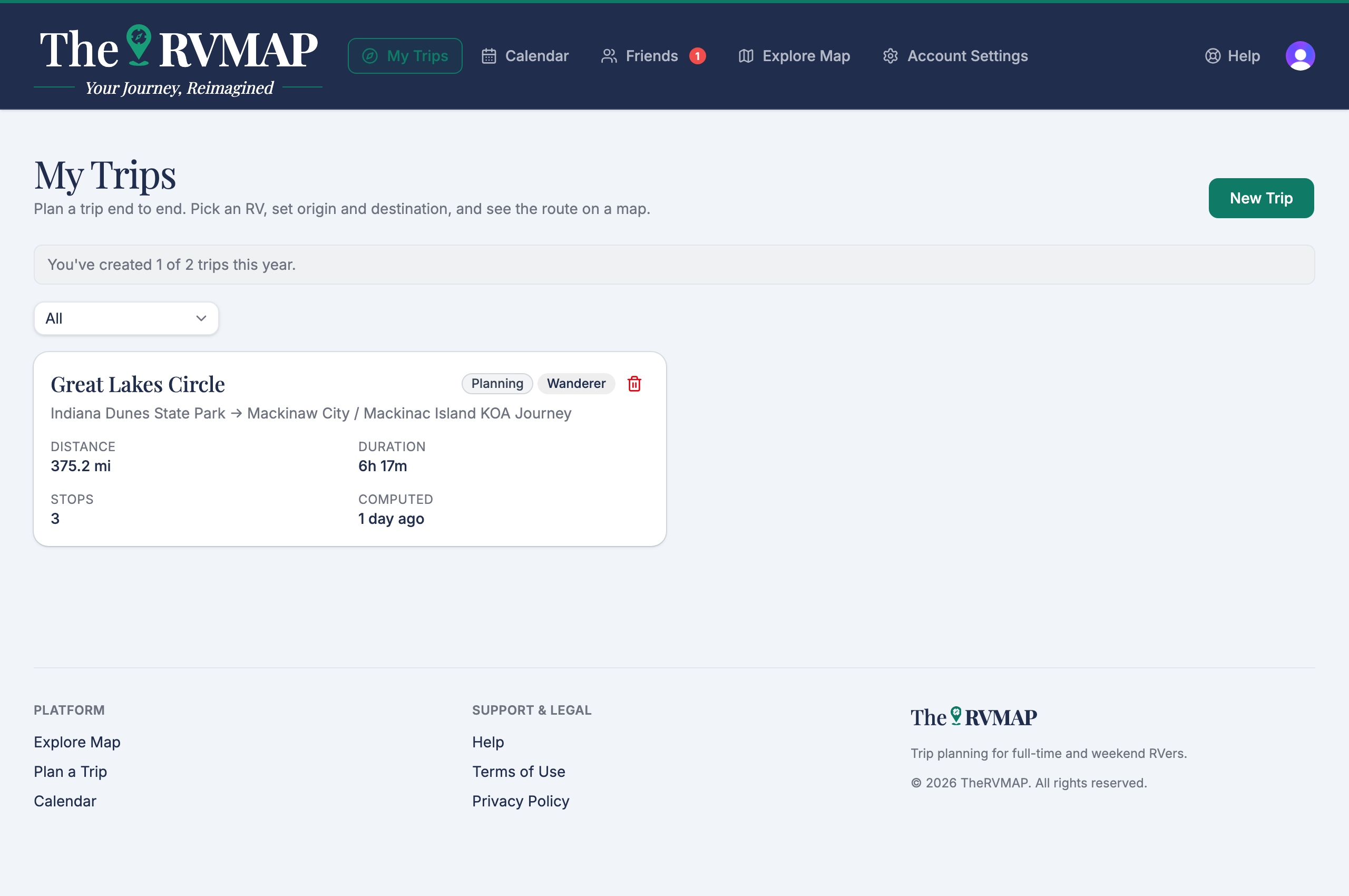 Trip counter showing trips created this year (web)