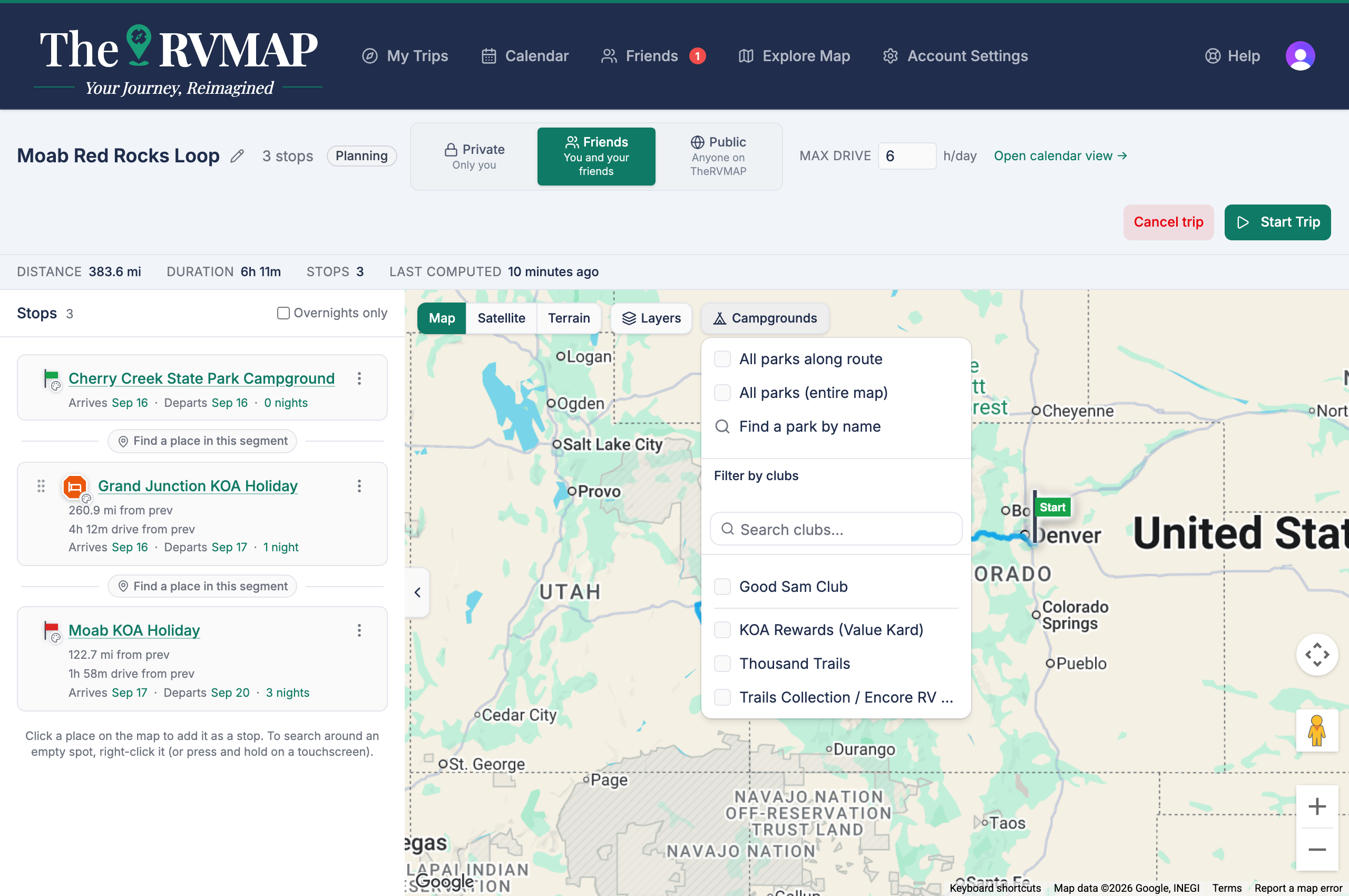 Campgrounds control open on a trip (web)
