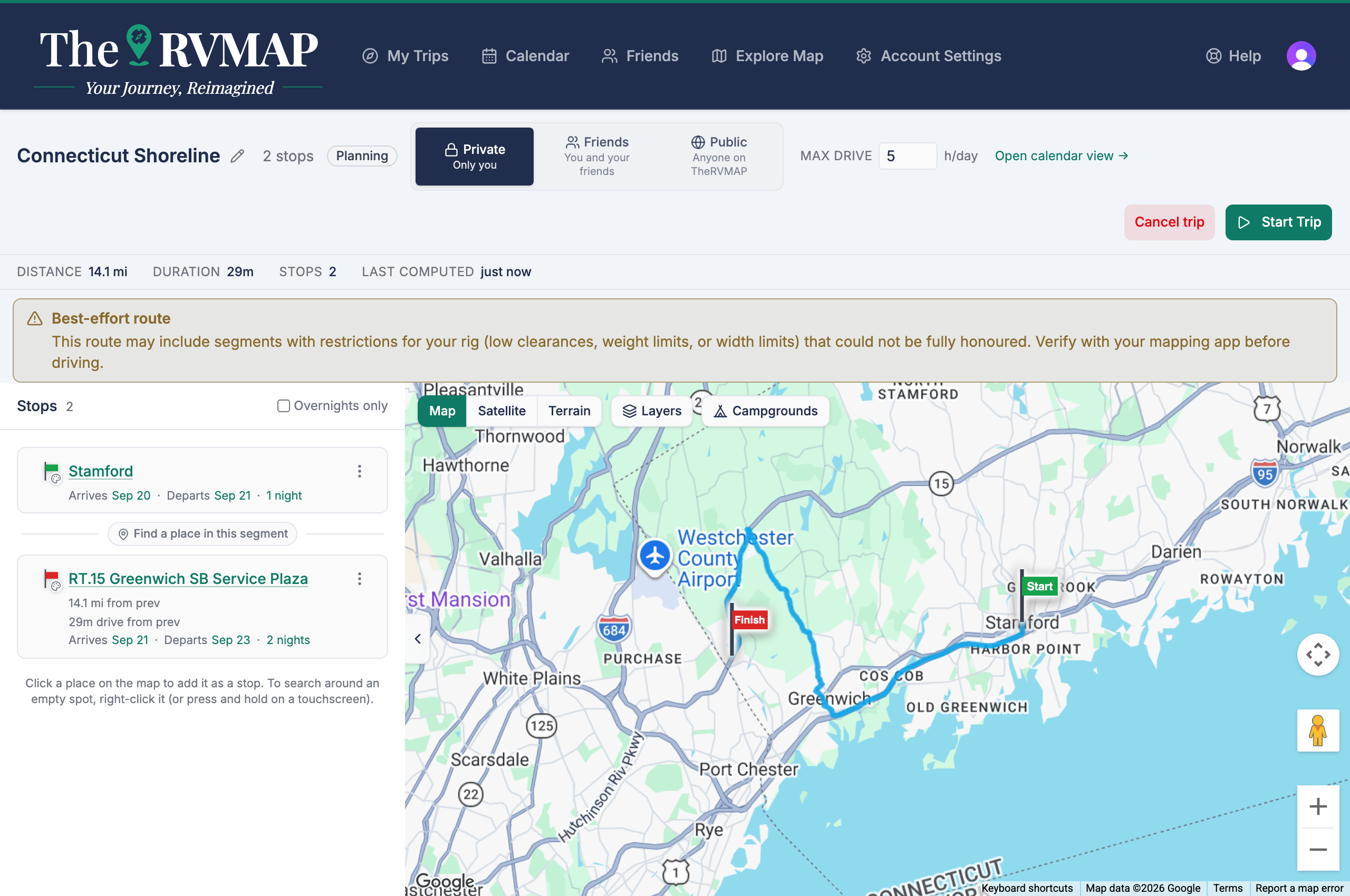 Amber route-safety banner on a trip, restrictions named (web)