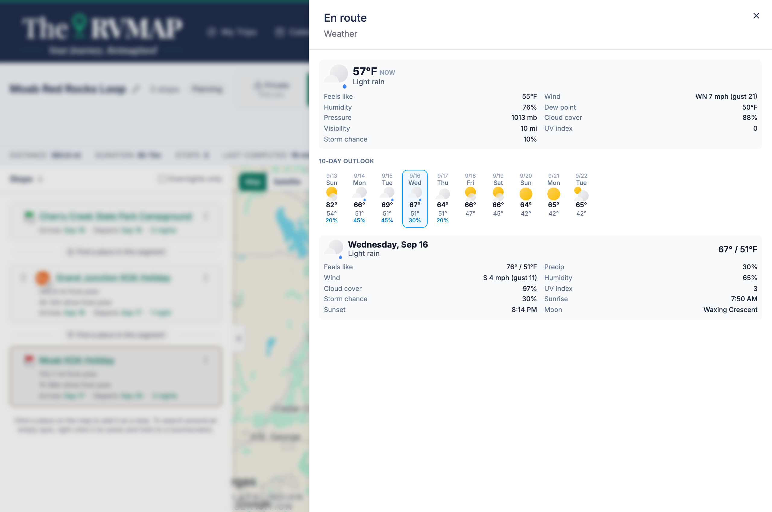 Weather panel open on a trip, current conditions and outlook (web)