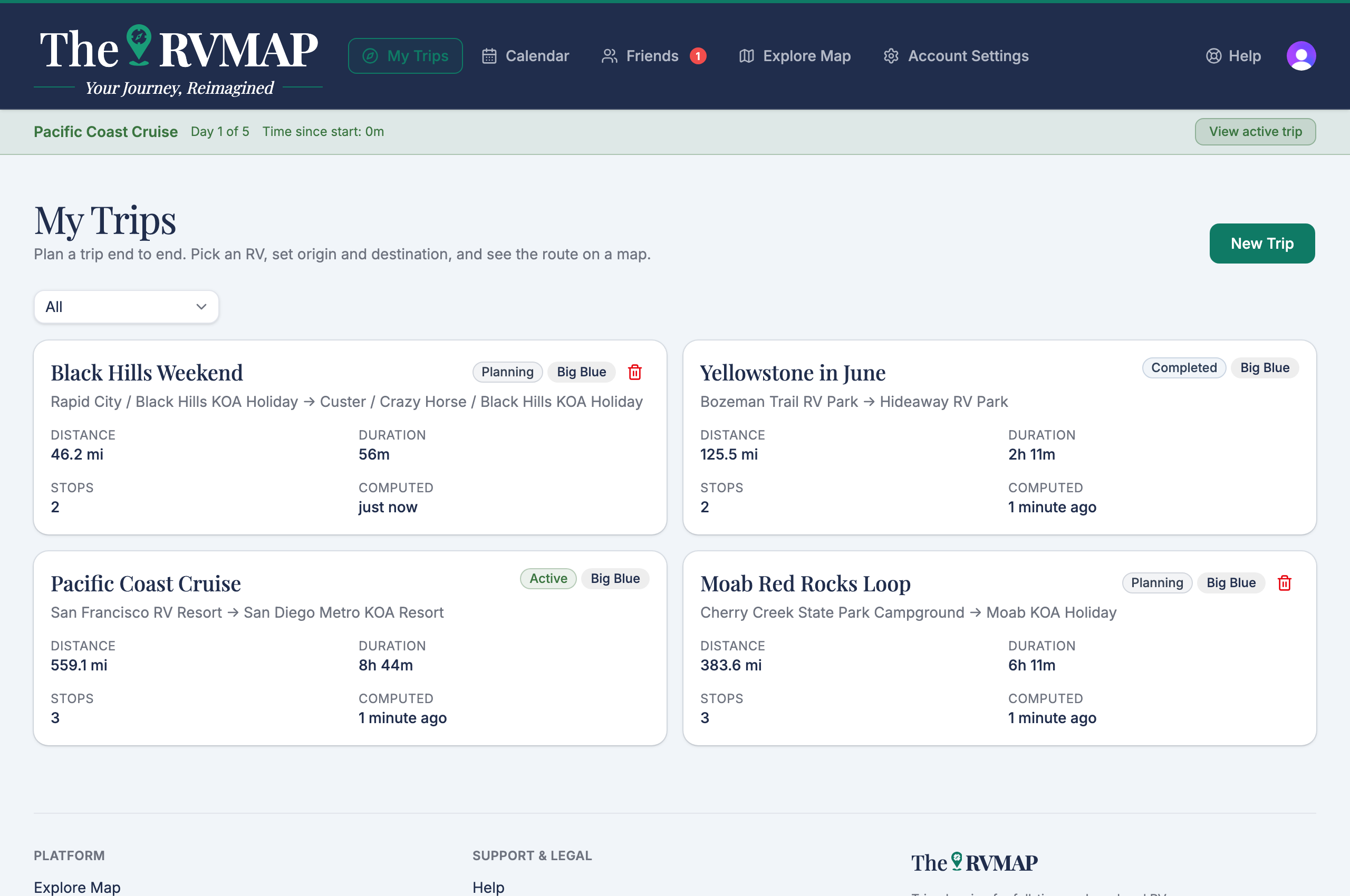 Trip list showing status badges (web)