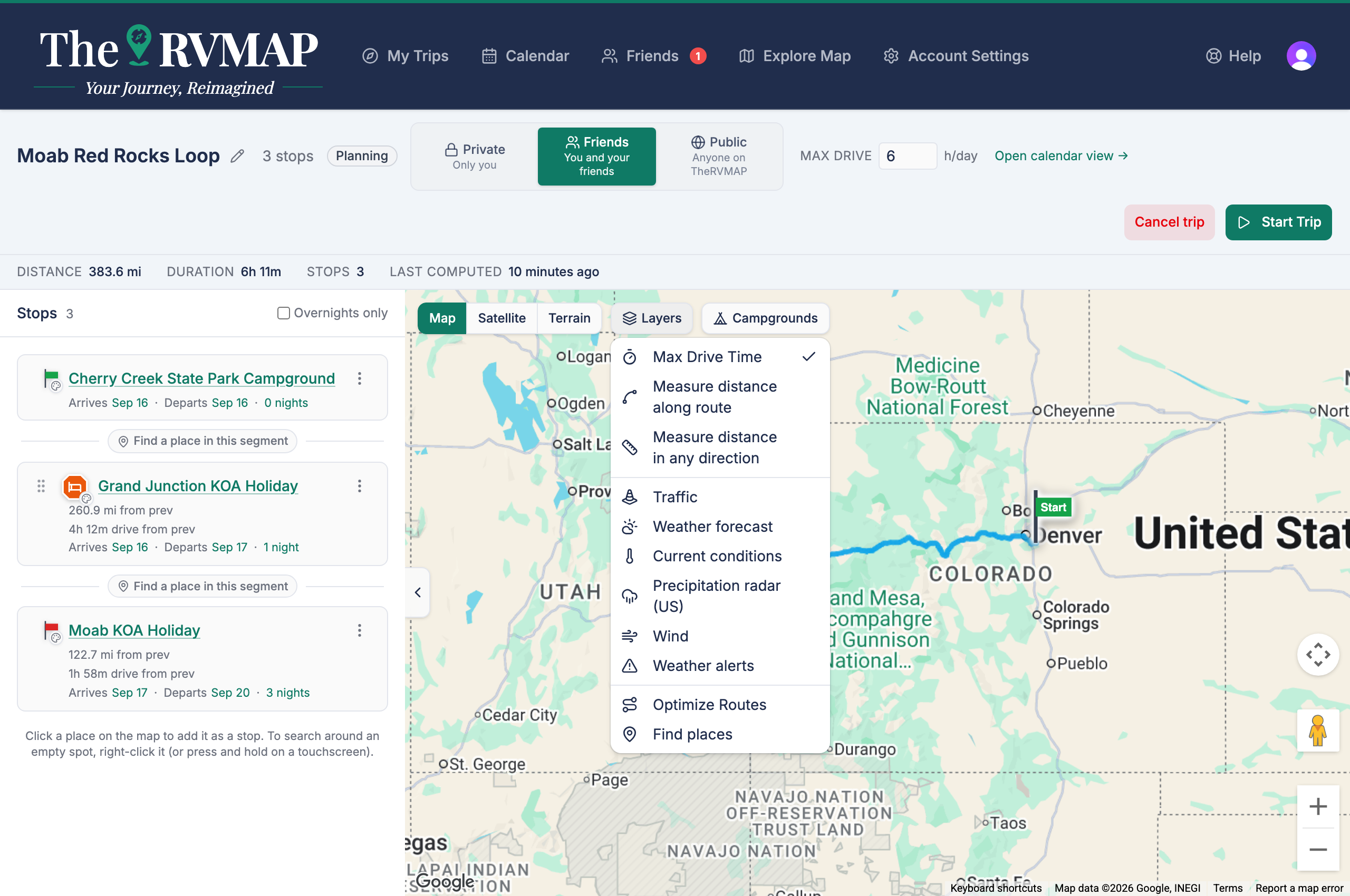 Layers control open on a trip (web)