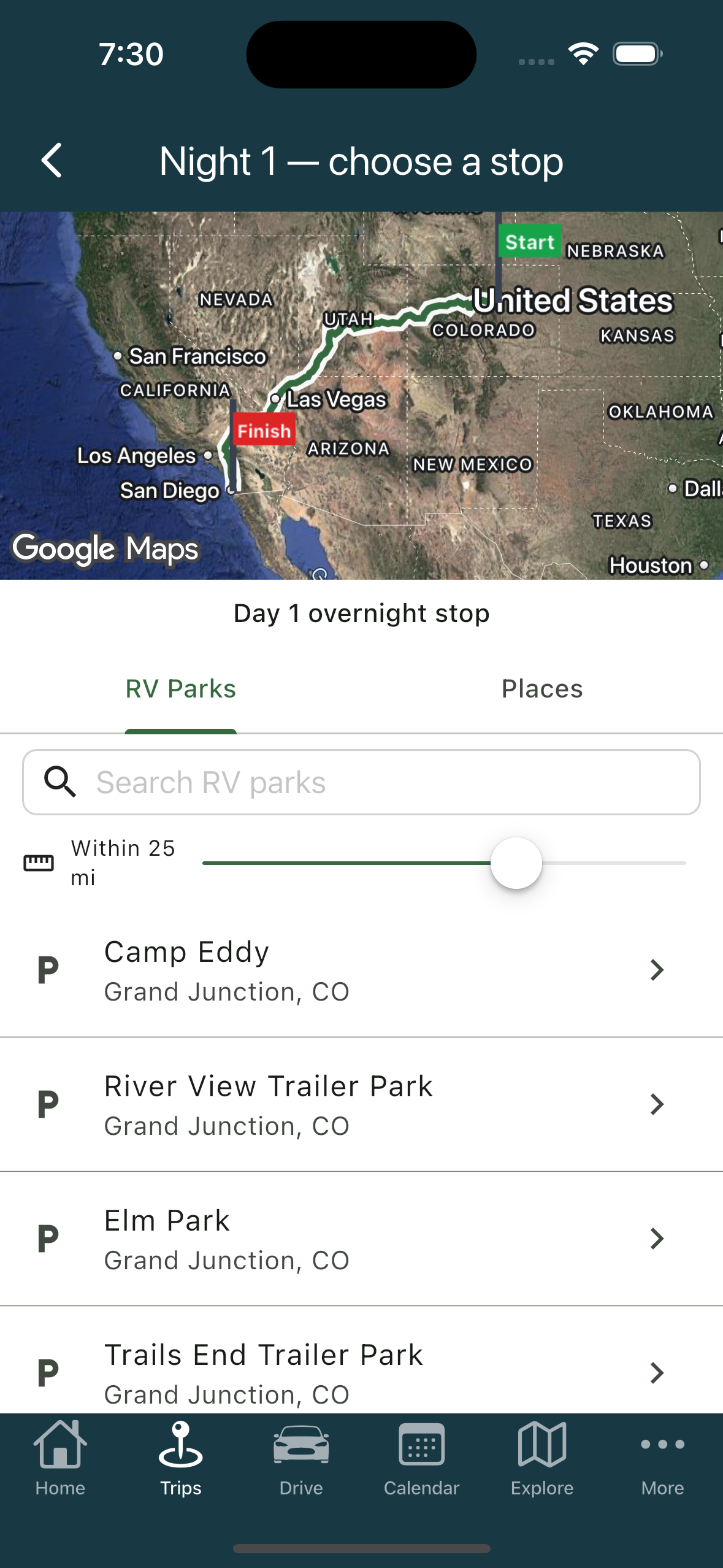 Resolve overnight screen, picking a park (iPhone)