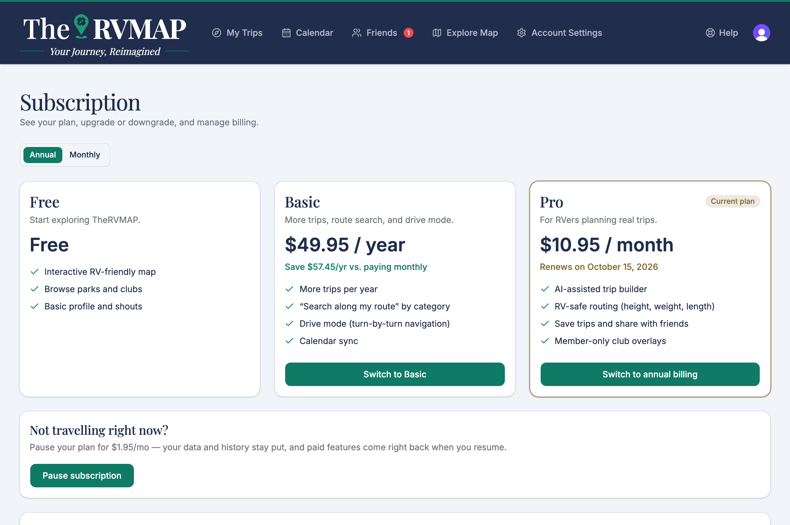 The pause panel on the subscription page (web)